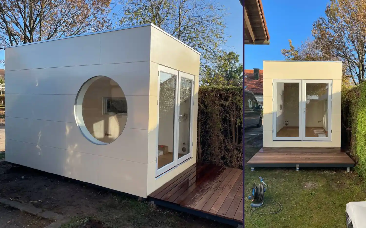 Isoliertes Gartenhaus mit Glastür, Rundfenster, Flachdach und Holzterrasse als Zusatzbüro für Zahnarztpraxis im Garten