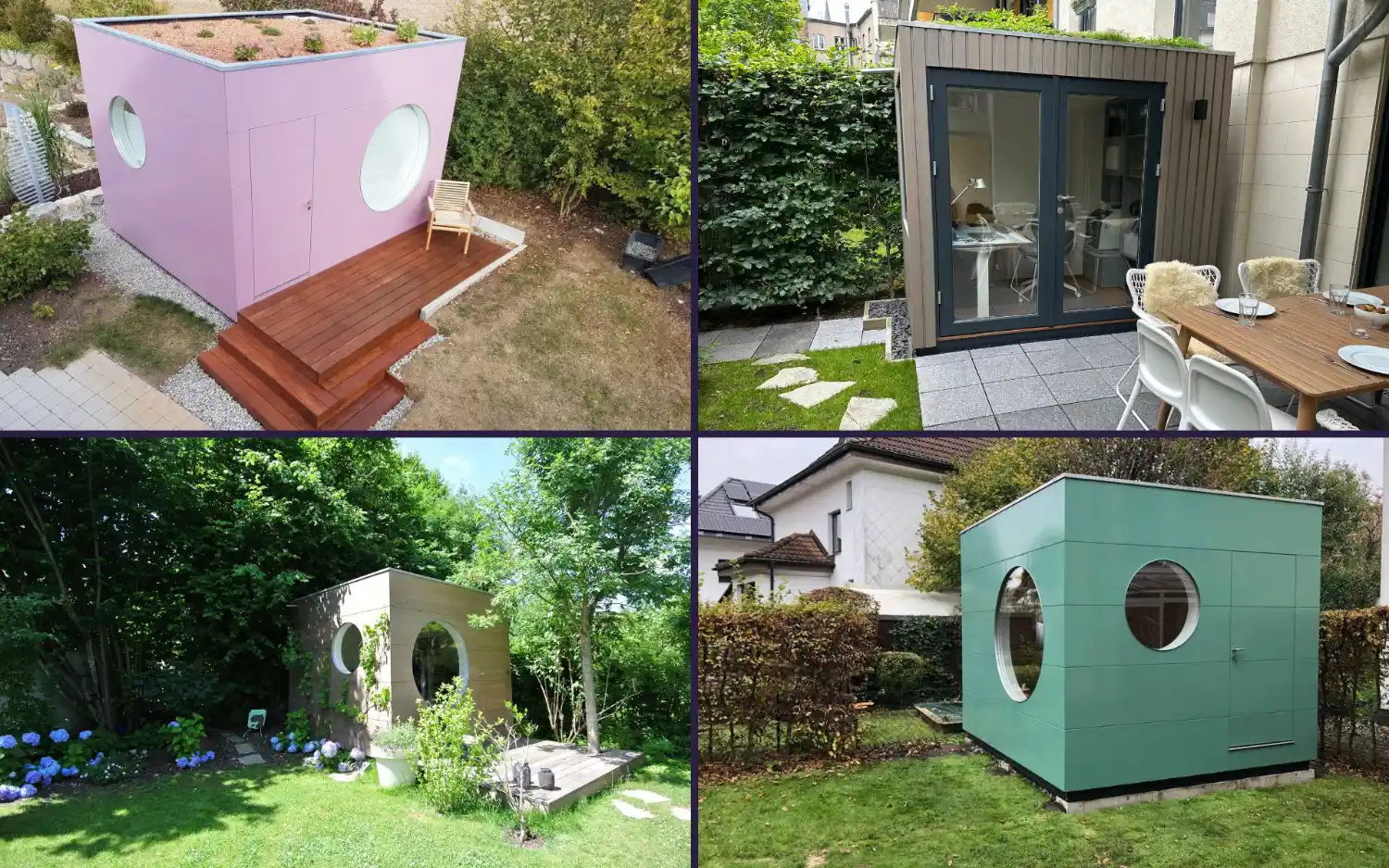 4 Gartenbüros fürs Homeoffice: ein rosa gestrichenes, ein grünes, eins mit naturbelassener Fassade, eins mit Rhombusleisten
