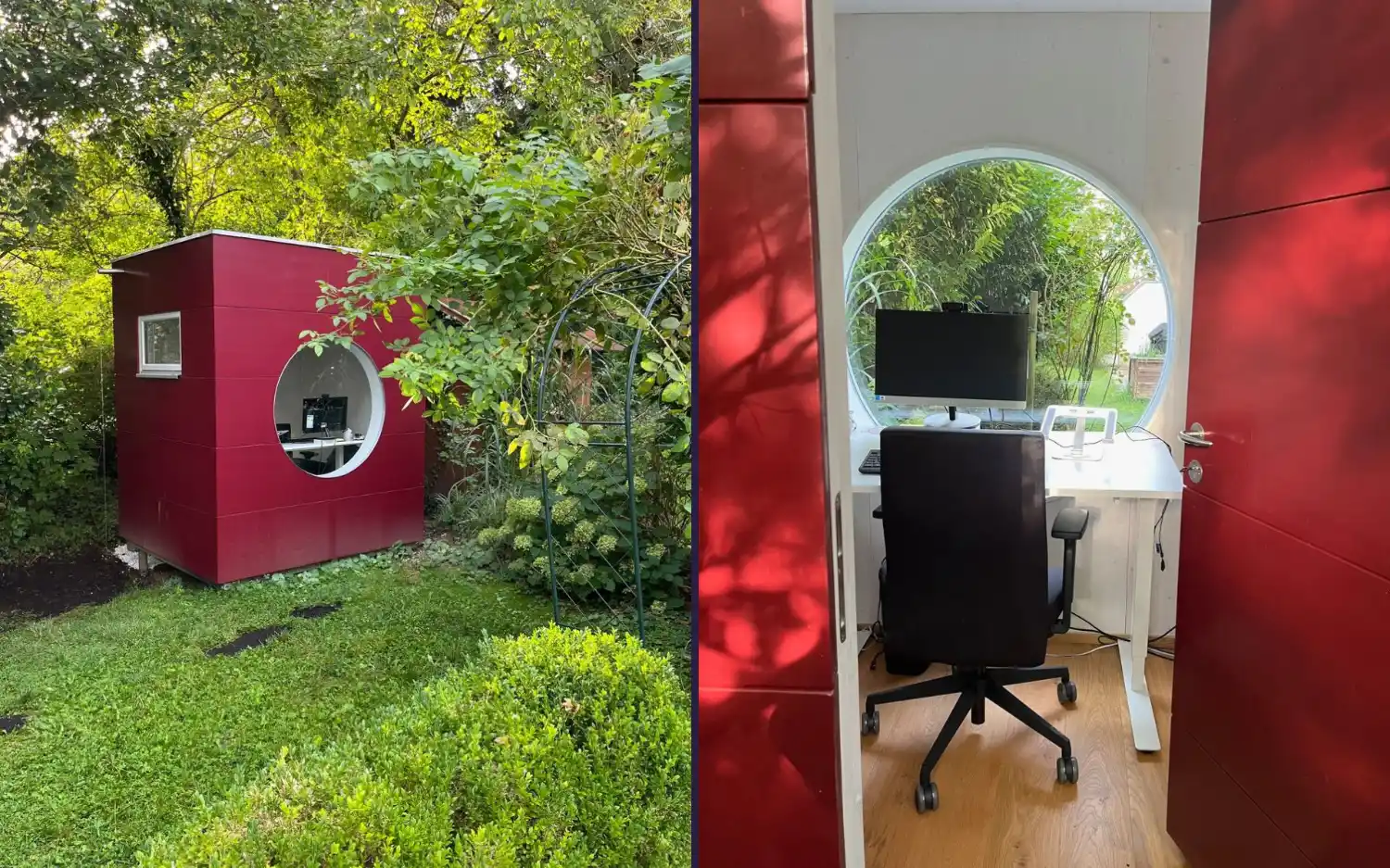 Kompaktes Gartenbüro für eine Person mit rot gestrichener Holzfassade, Flachdach und Rundfenster im grünen Garten