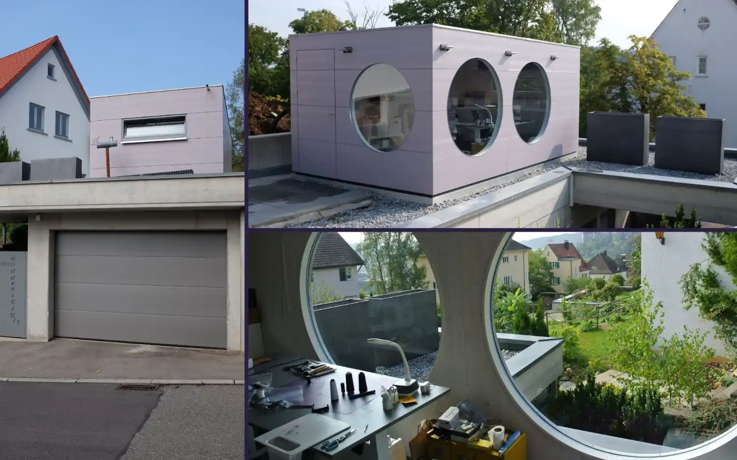Isoliertes Gartenhaus als Atelier und Kursraum mit lila Holzfassade, Flachdach und 3 Rundfenstern auf Garagendach gebaut