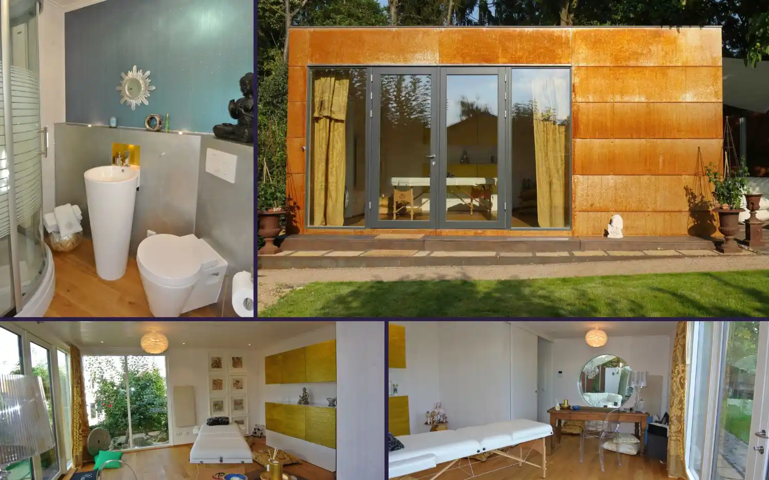 Therapieraum im Gartenhaus mit verglaster Front, verrosteter Cortenstahl Fassade, stilvoll eingerichtet mit kleinem Bad