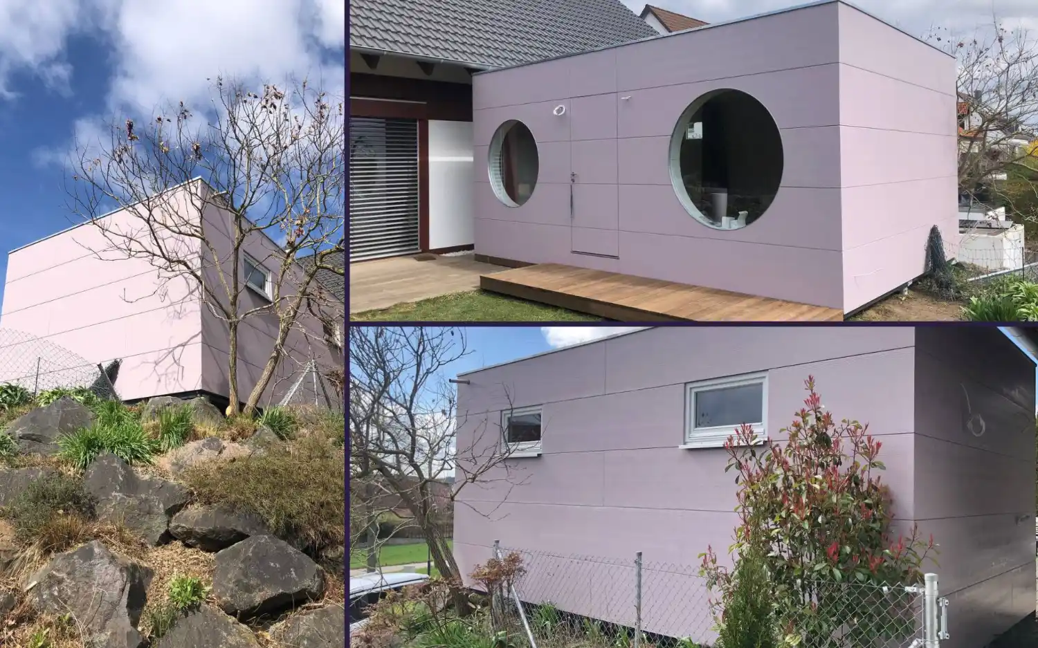 Atelier und Büro im großen, isolierten Gartenhaus mit runden Fenstern, Holzterrasse und rosa Fassade, gebaut an Wohnhaus