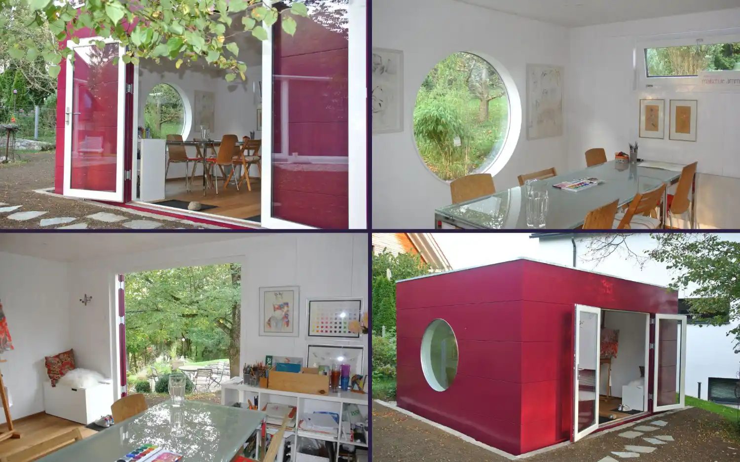 Malschule im himbeerroten Gartenhaus mit Flachdach, großer Tür, Rundfenster und großem Tisch sowie Regalen ausgestattet