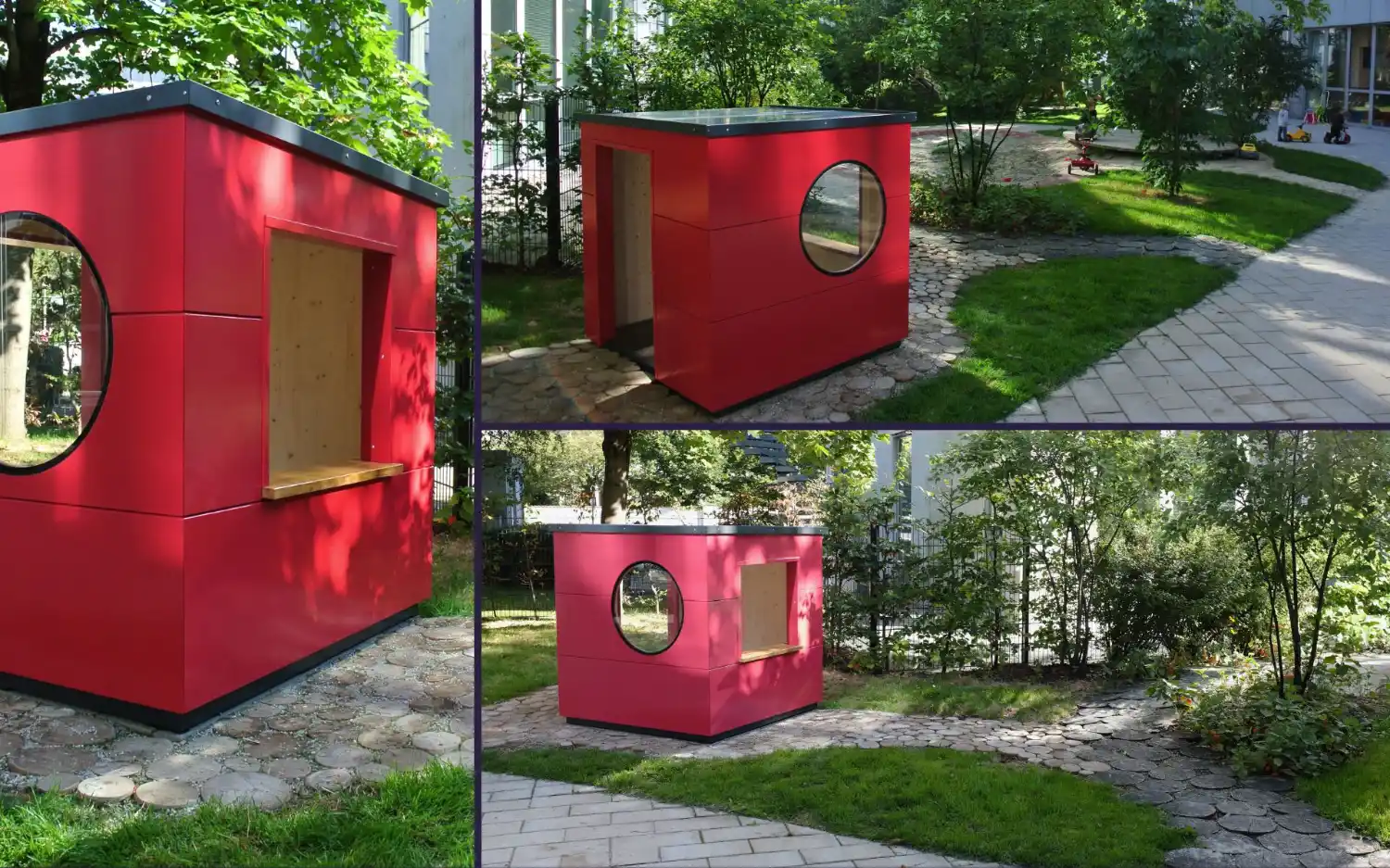 Kleiner Gartenhaus Kubus als Spielhaus und Kaufladen mit Rundfenster und knallroter Holzfassade draußen im Kindergarten