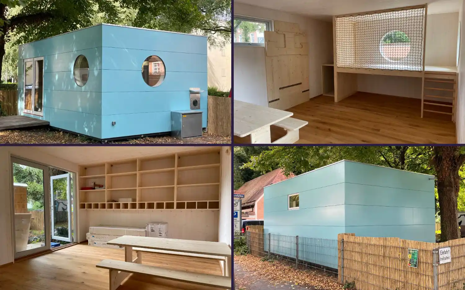 Großes, isoliertes Gartenhaus mit türkiser Fassade, Innenraum mit Empore und flexiblen Möbeln als Schutzraum für Kindergarten