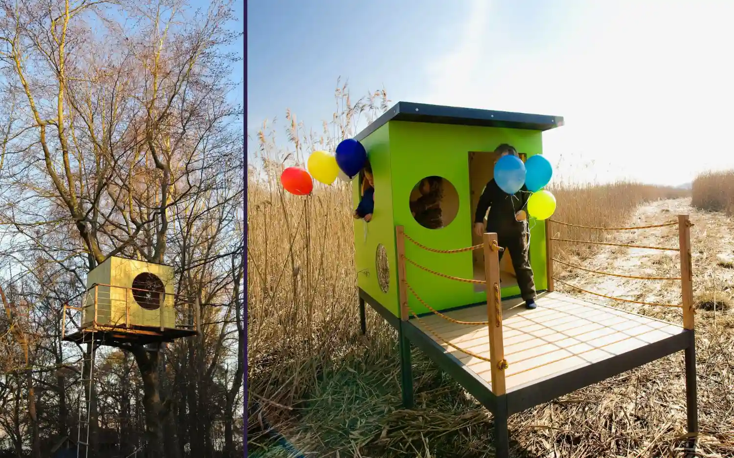 Garten Kubus als gelbes Baumhaus mitten im winterlichen Baum sowie ein grünes Kinderspielhaus mit Terrasse