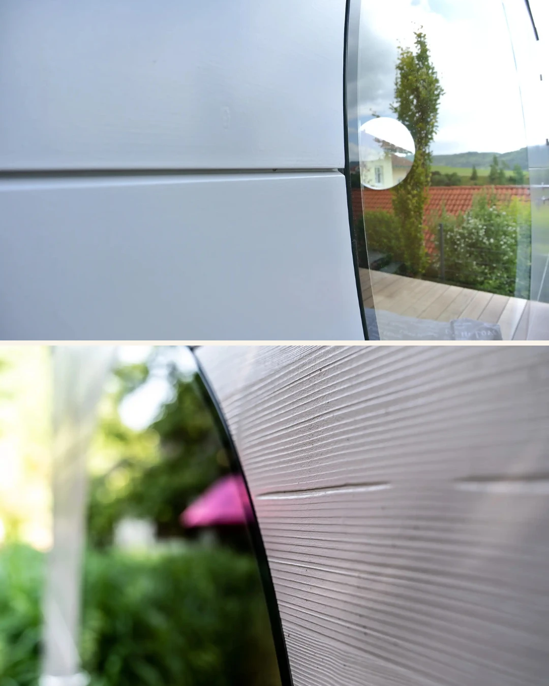 Garten Kubus Fassadenplatten Gartenhaus im Detail, einmal glatt geschliffen und einmal gebuerstet. 