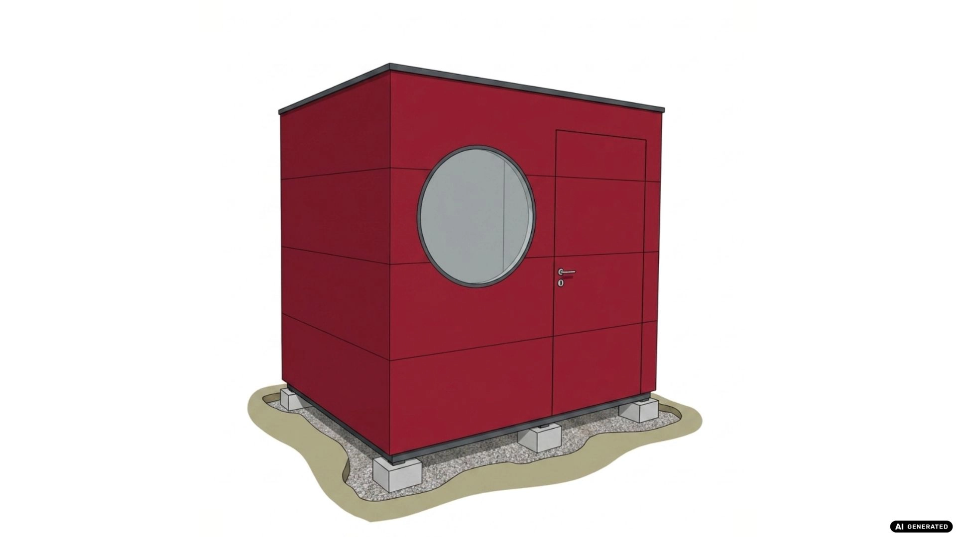 [KI-Bild] Schematische Darstellung eines kleinen, roten Geräte Kubus auf Punktfundamenten.
