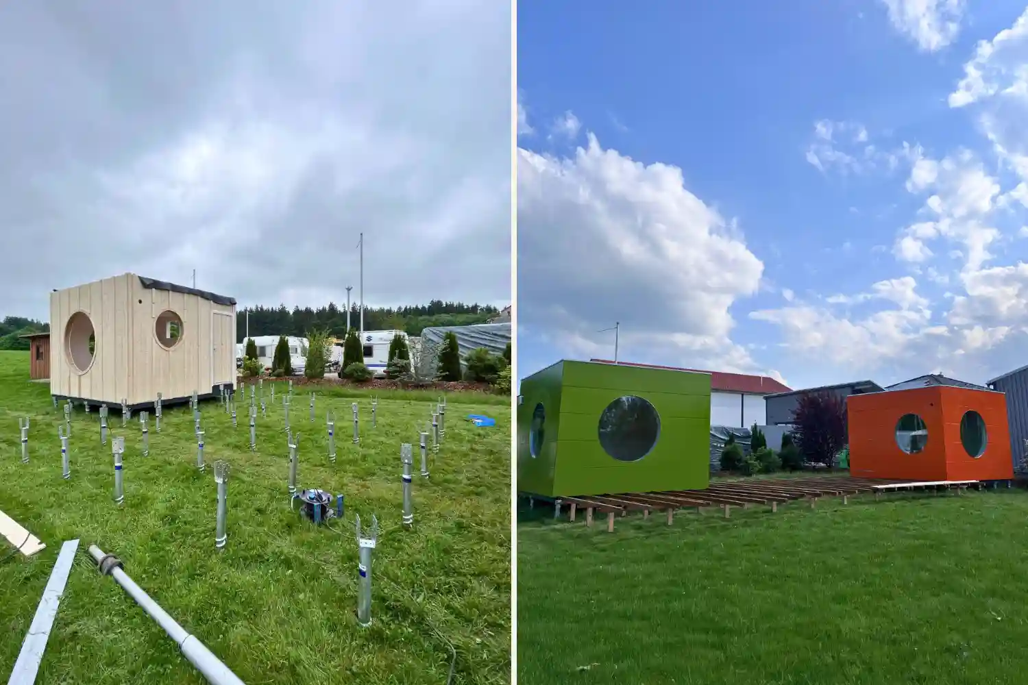 Baufortschritt eines Office Kubus auf Krinner-Schraubfundamenten, rechts fertige Gartenbüros mit vorbereiteten Terrassenfundamenten