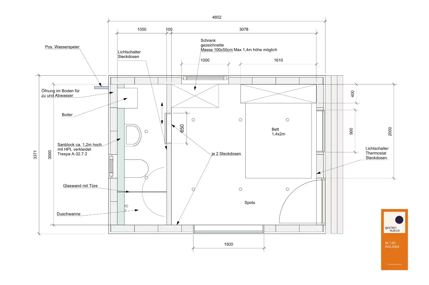 Grundriss des Tiny Houses mit Wohnbereich, Bad sowie eingezeichneten Maßen und Details