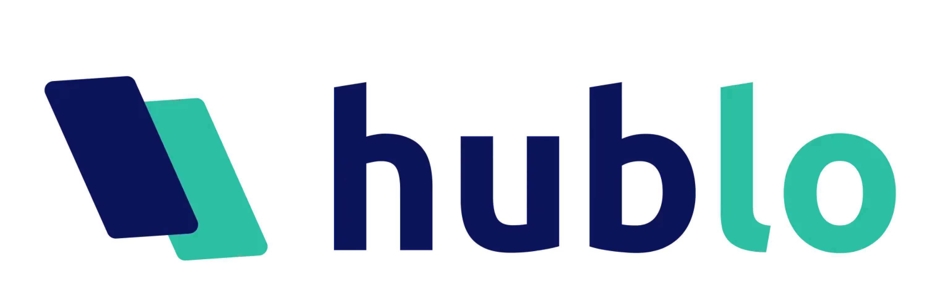 Logo Hublo avec deux formes rectangulaires inclinées superposées à gauche et texte 'hublo' à droite.