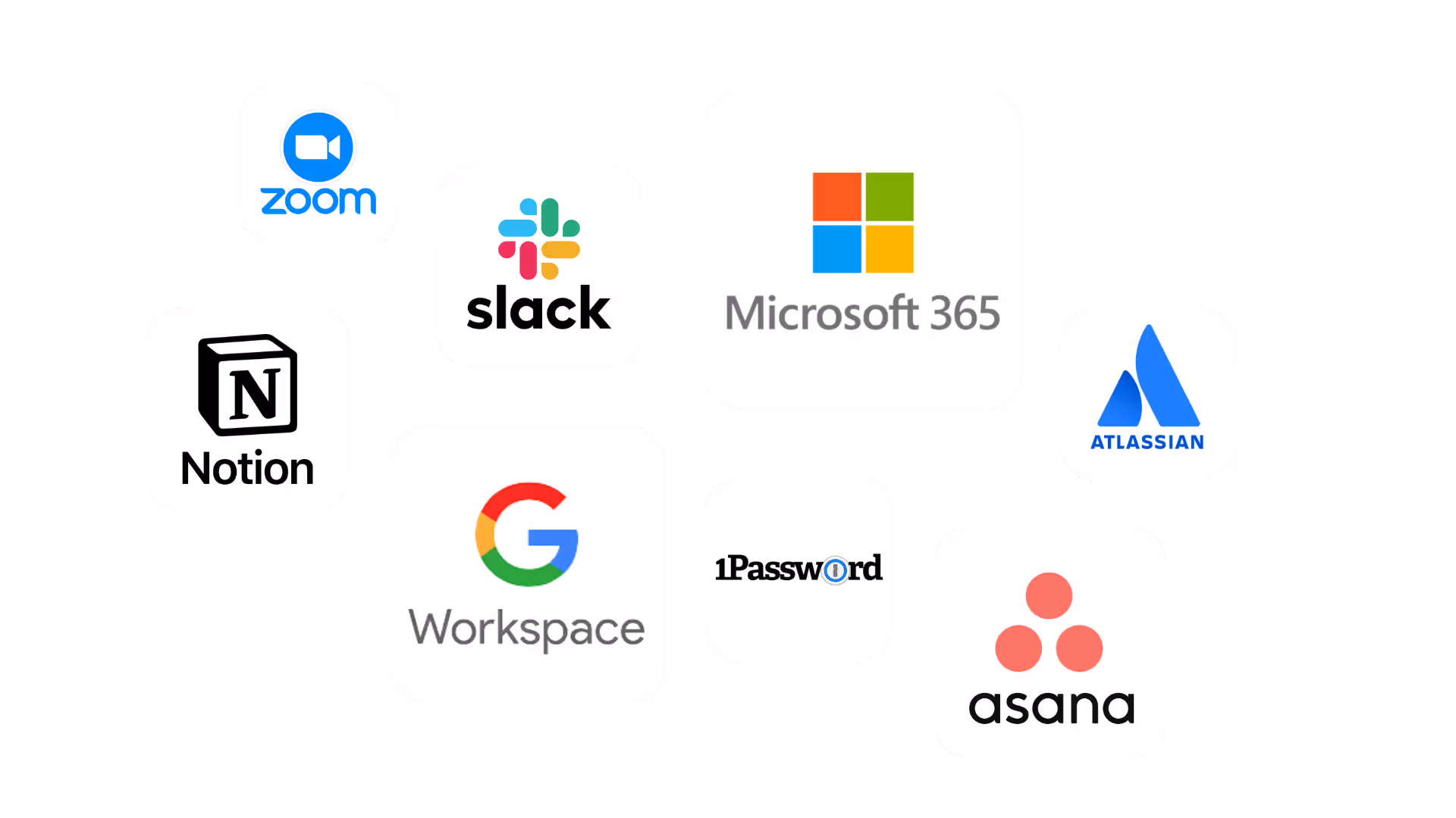 Logos des applications Zoom, Slack, Microsoft 365, Atlassian, Notion, Google Workspace, 1Password et Asana.