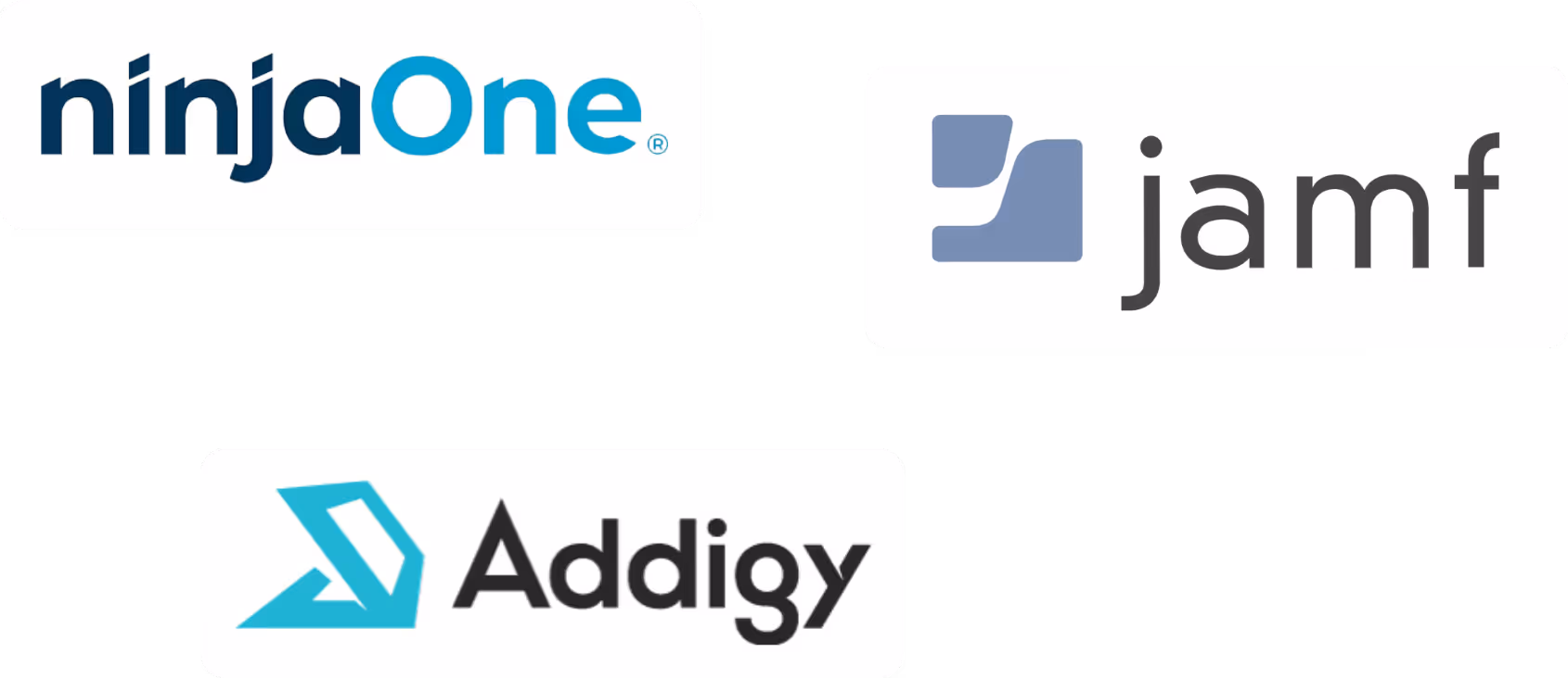Logos de ninjaOne, jamf avec une icône bleue, et Addigy avec un symbole triangulaire bleu.
