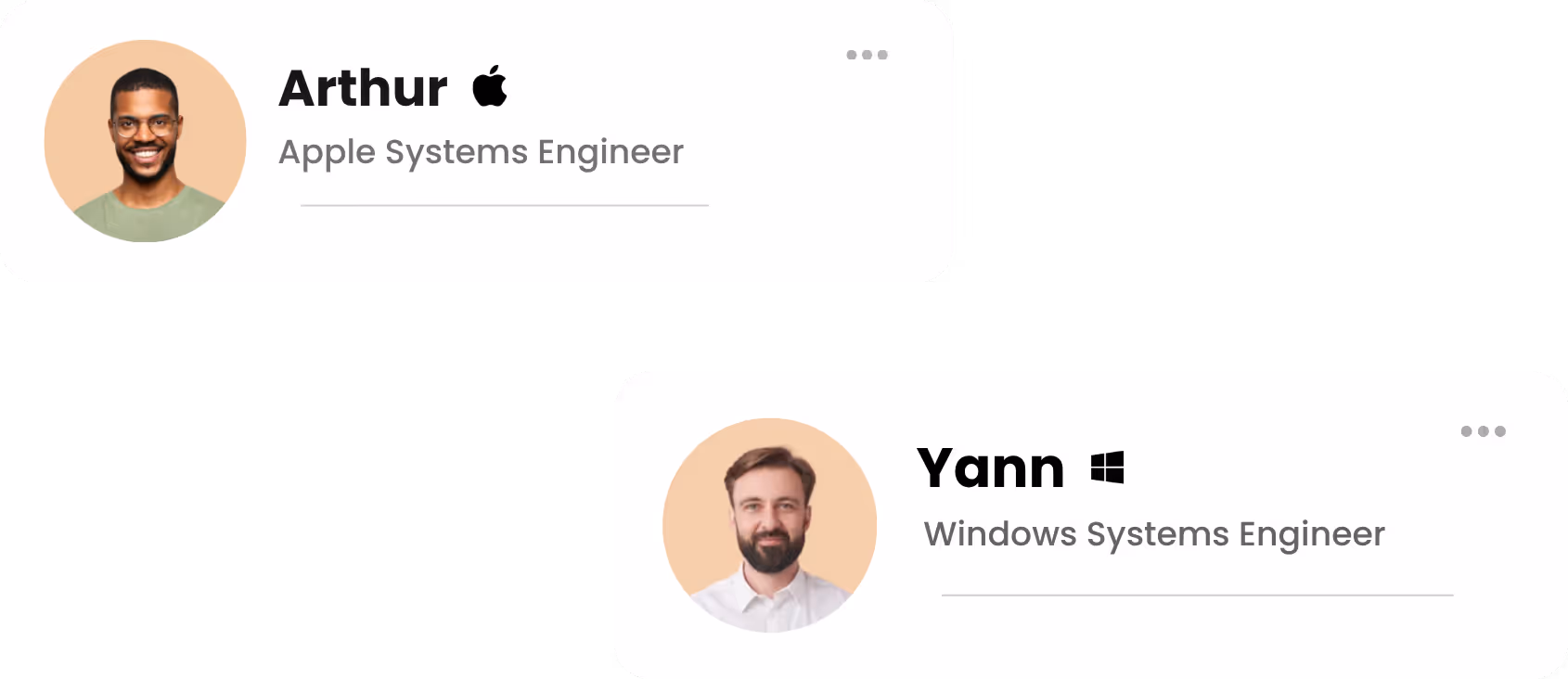 Portraits de Arthur, ingénieur systèmes Apple souriant avec lunettes, et Yann, ingénieur systèmes Windows avec barbe et chemise blanche.