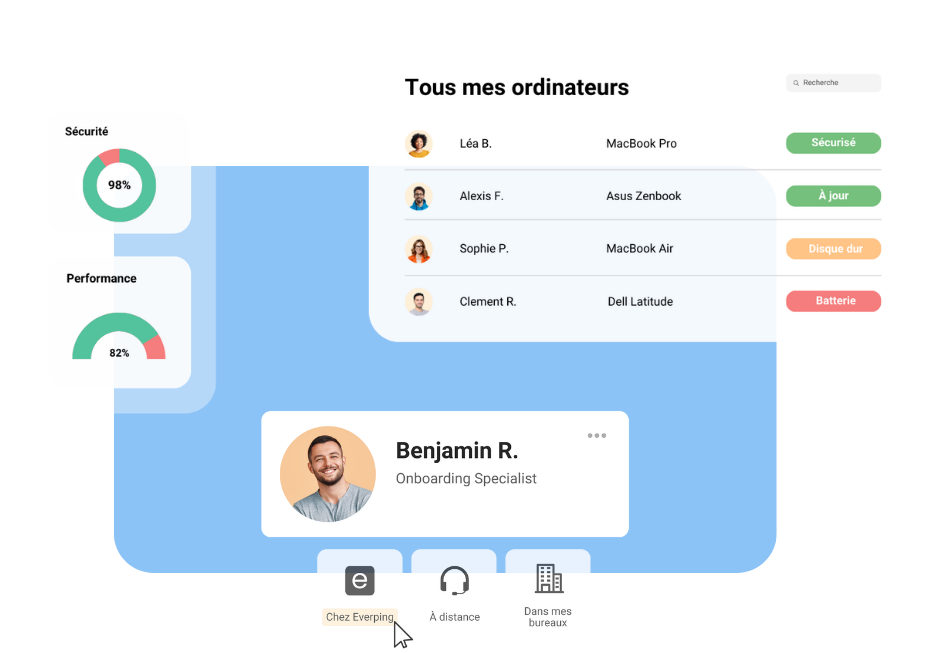 Interface de pilotage d'une société d'infogérance Lyon montrant l'inventaire des ordinateurs et leur état de santé en temps réel