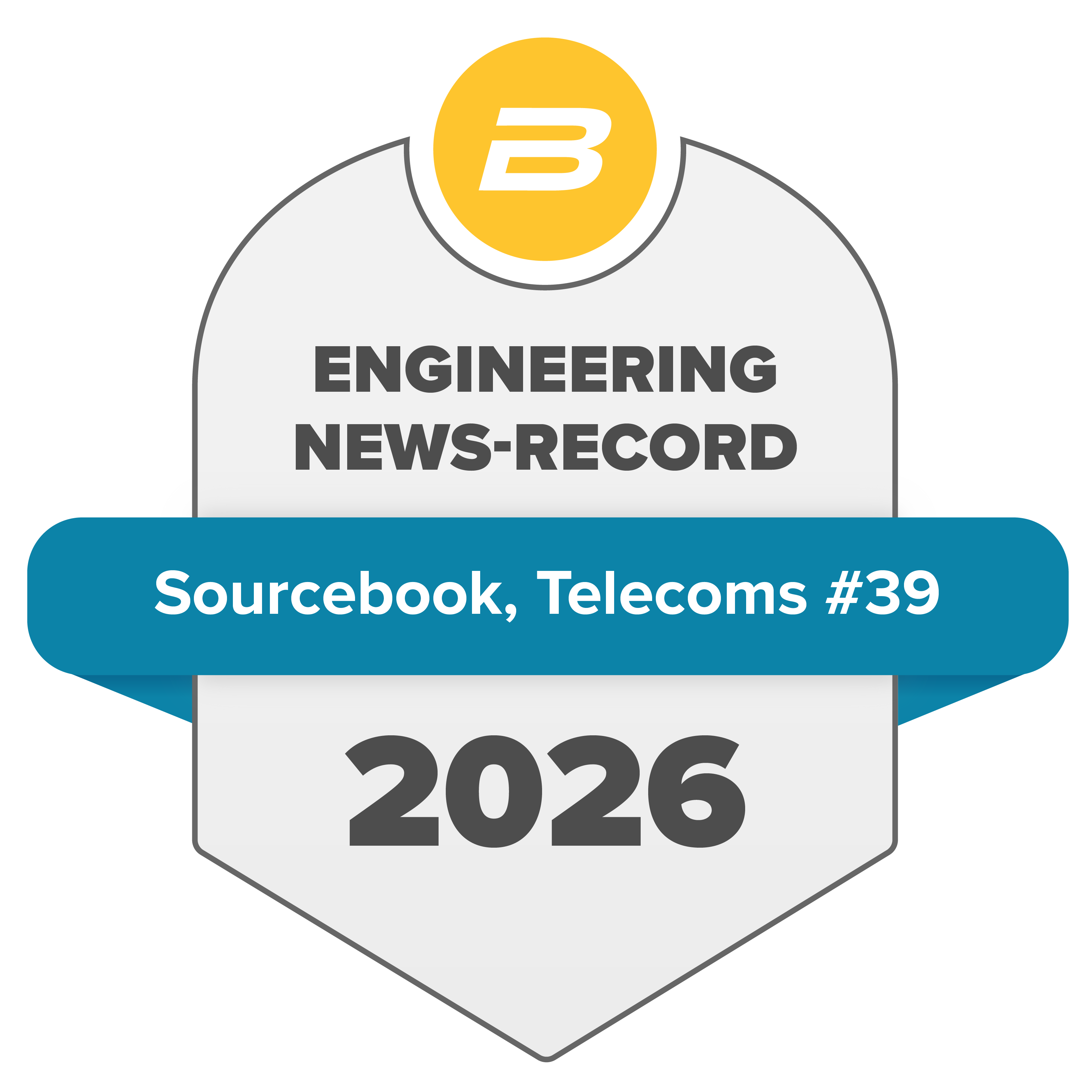 Engineering News-Record 2026 Sourcebook Telecommunications award seal, ranked #39
