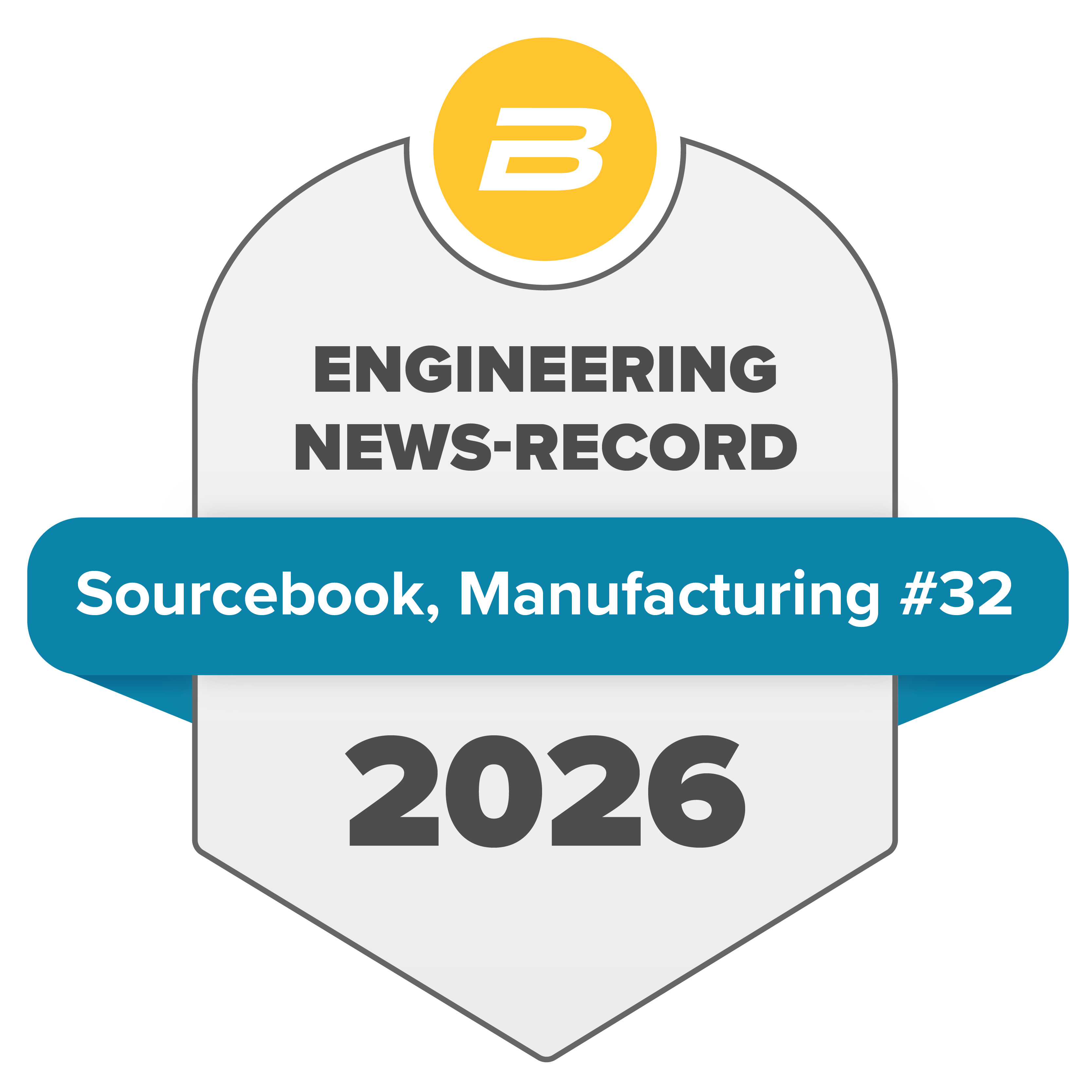 Engineering News-Record 2026 Sourcebook Manufacturing award seal, ranked #32