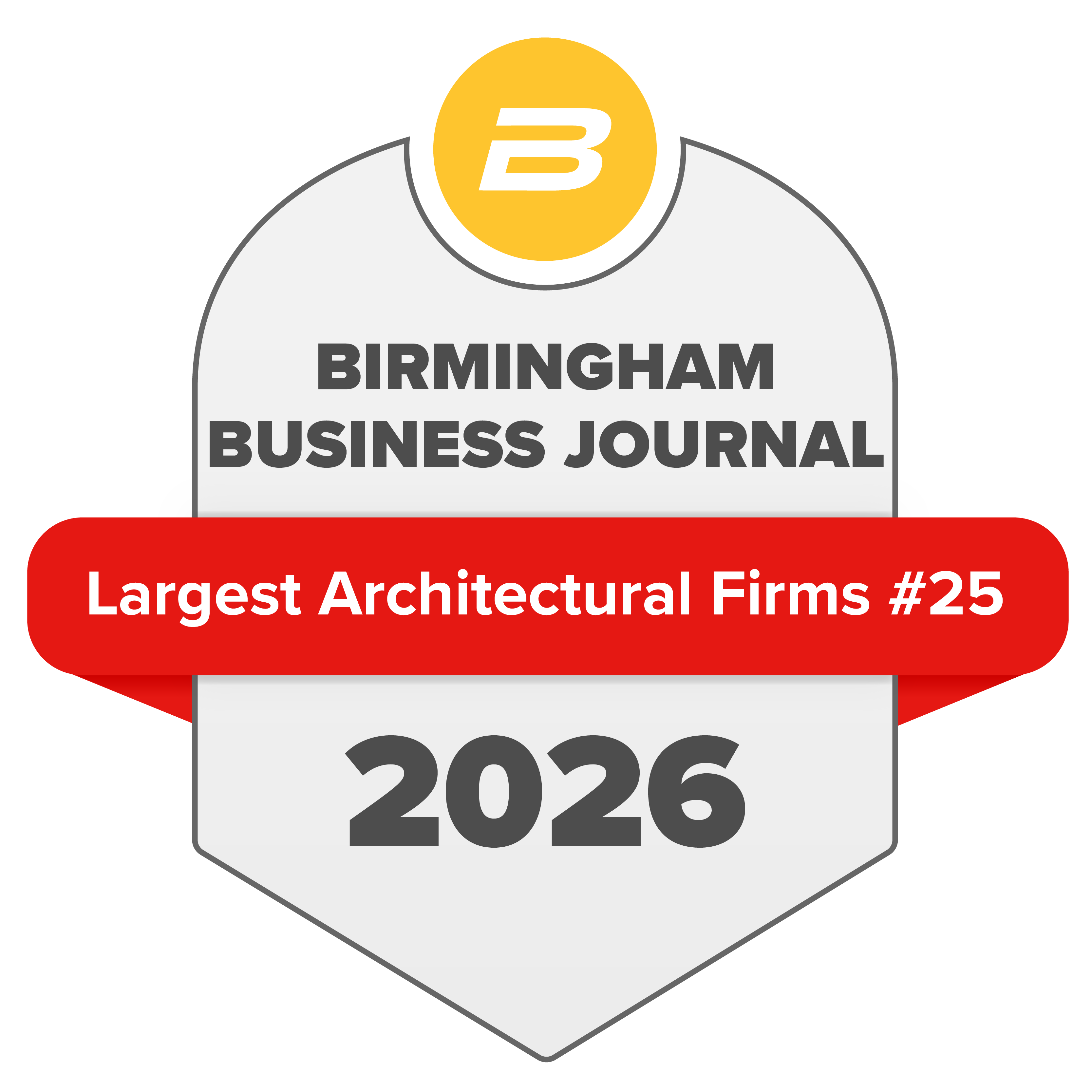 Birmingham Business Journal 2026 Largest Architecture Firms award seal, ranked #25