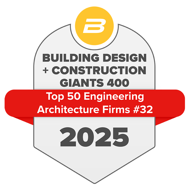 Building Design + Construction 2025 Giants 400 Top 50 Engineering and Architecture Firms award seal, ranked #32
