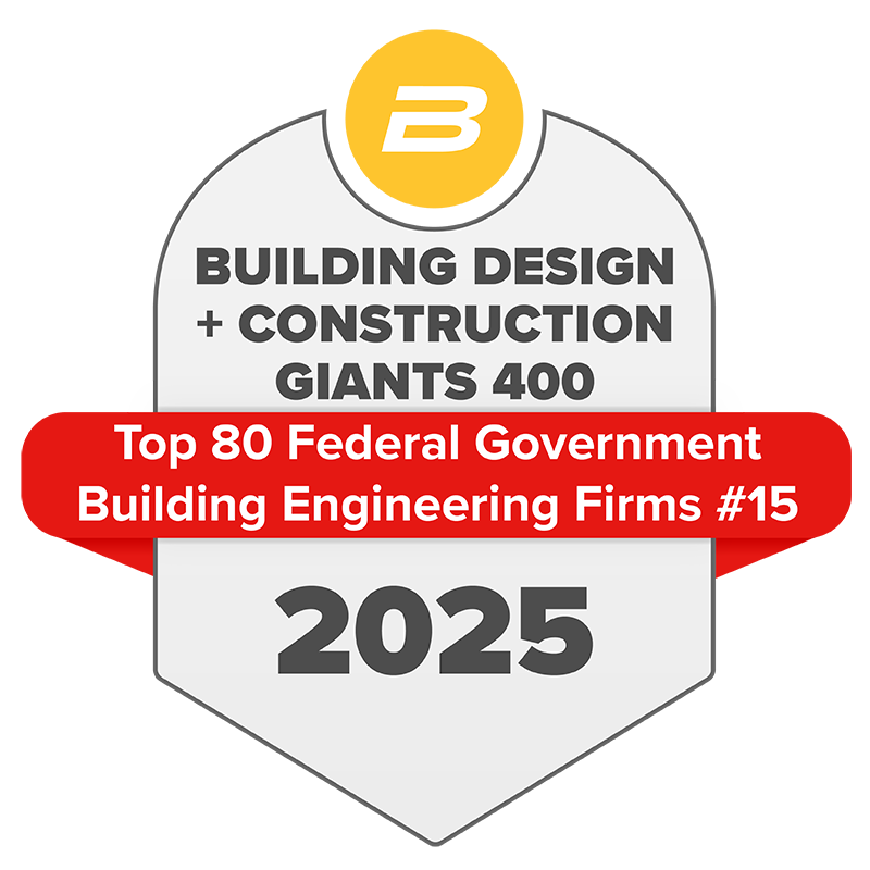 Building Design + Construction 2025 Giants 400 Top 80 Federal Government Firms award seal, ranked #15