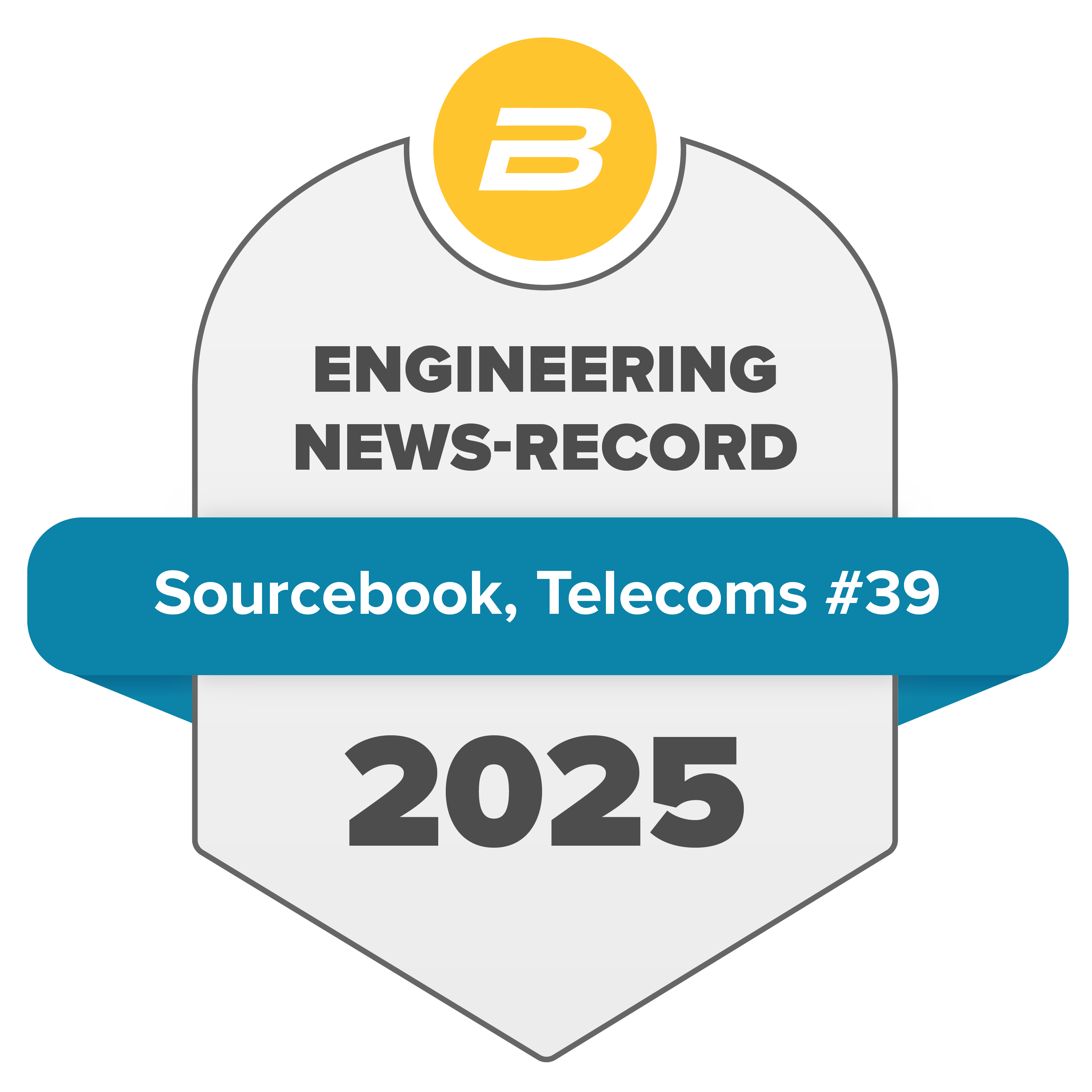 Engineering News-Record 2025 Sourcebook Telecommunications award seal, ranked #39