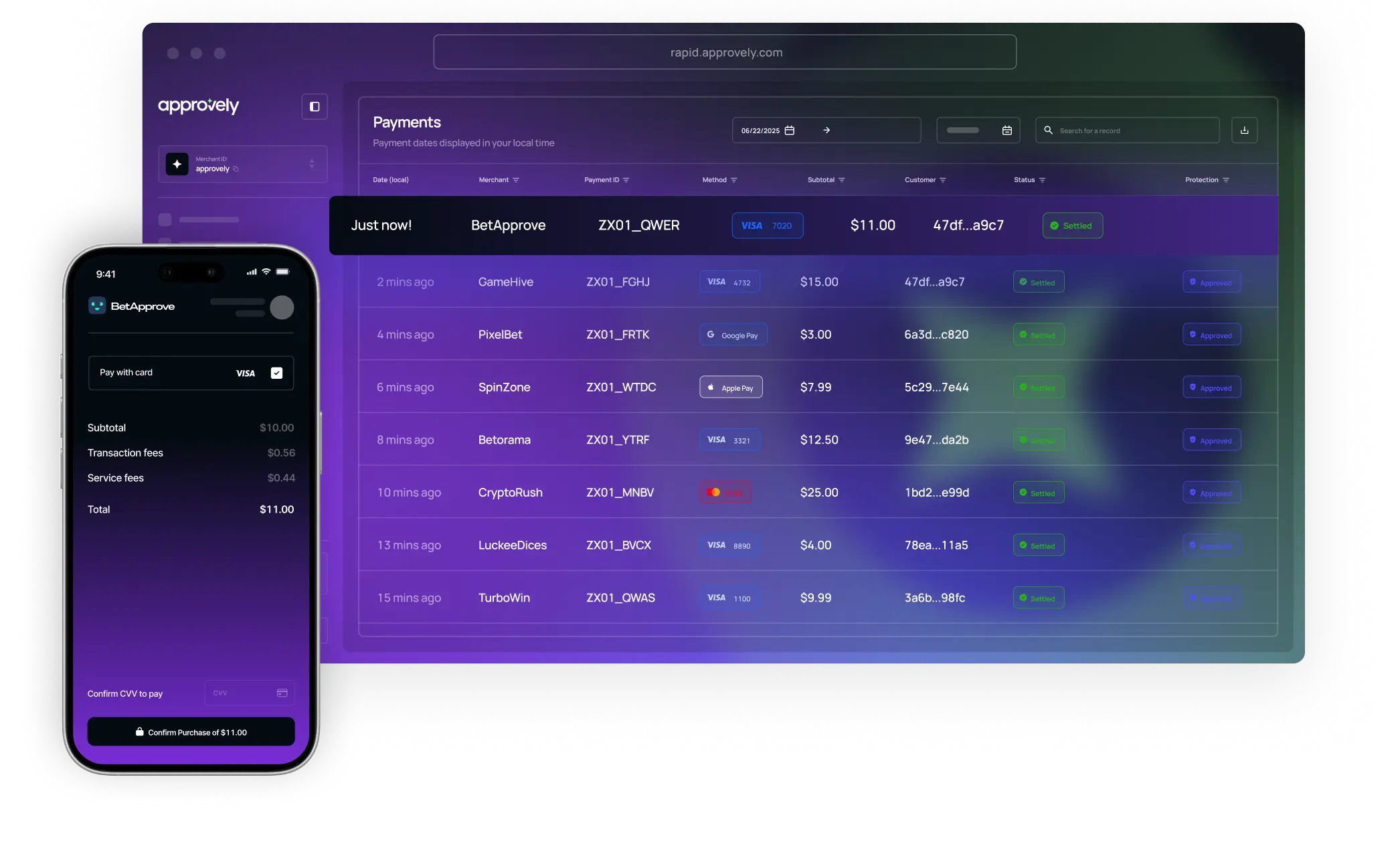 Digital payment dashboard displaying recent transactions with merchants, payment methods, amounts, and statuses, alongside a mobile payment confirmation screen.