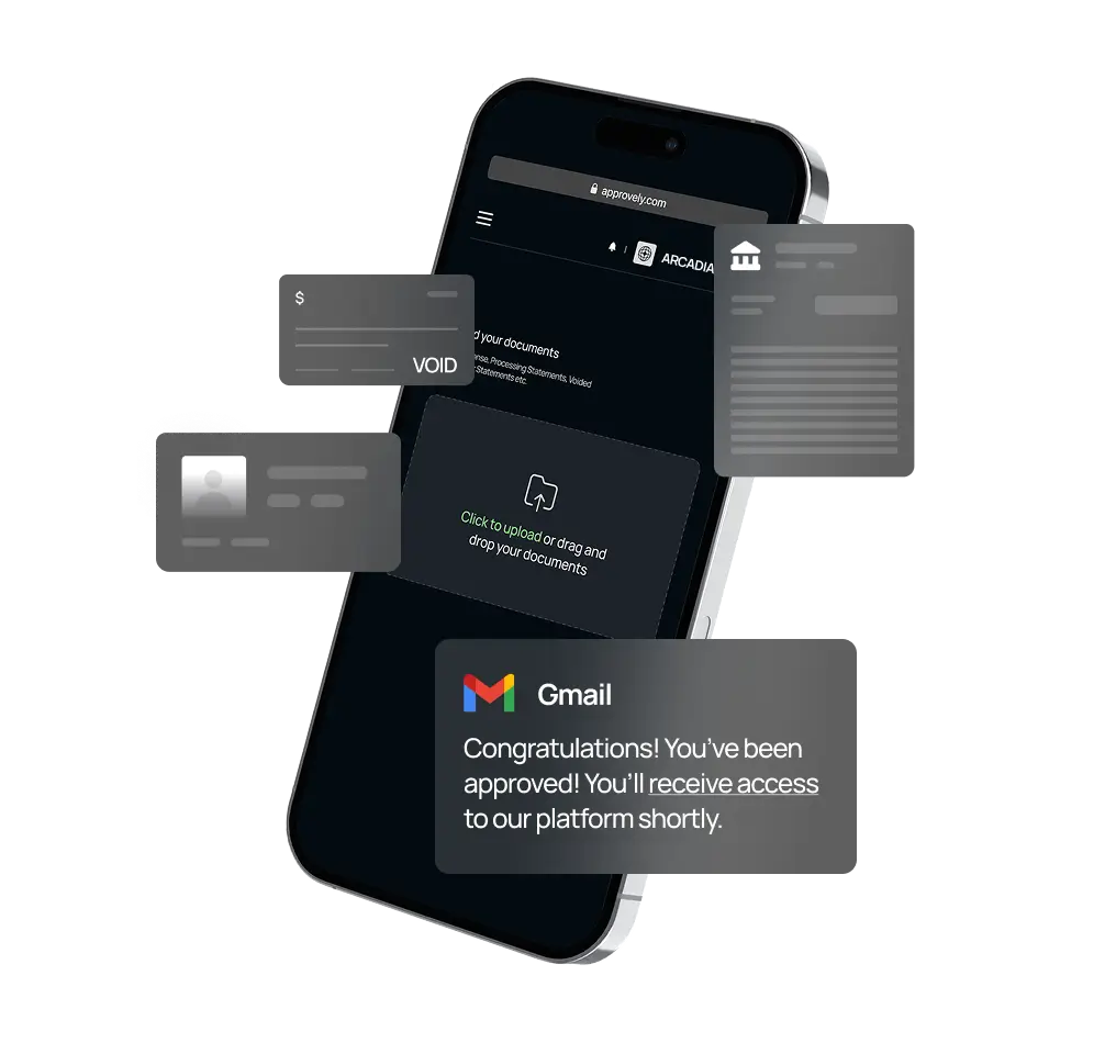Smartphone displaying a document upload interface with floating notifications including a Gmail message saying, 'Congratulations! You’ve been approved! You’ll receive access to our platform shortly.'
