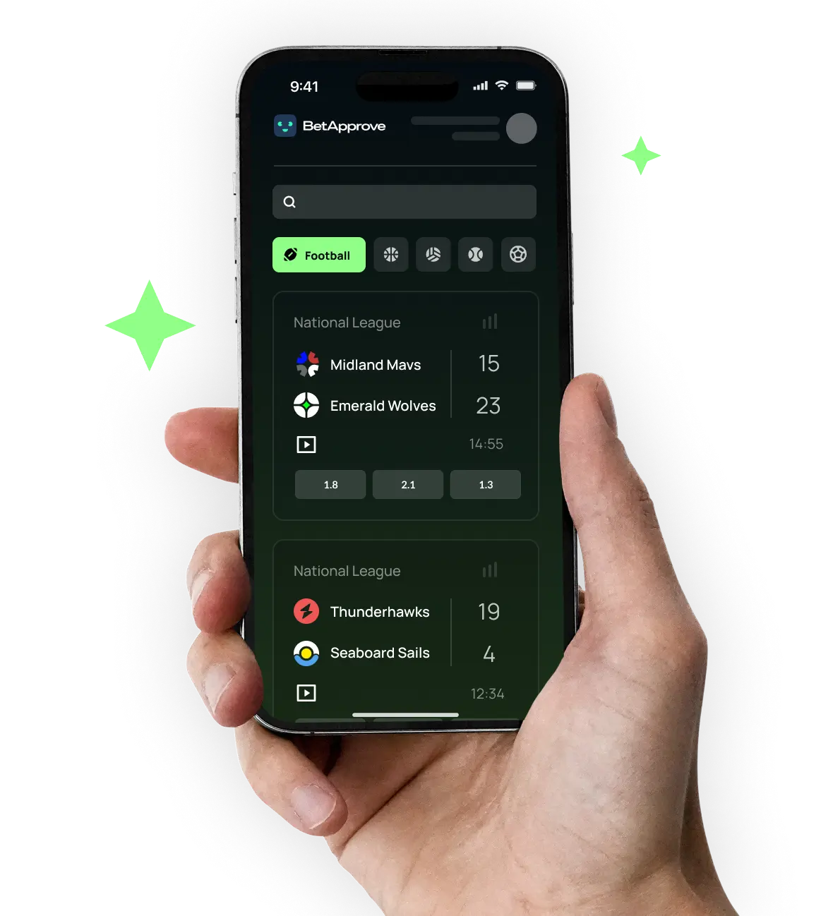 Hand holding a smartphone displaying BetApprove app with National League football match scores and betting odds.
