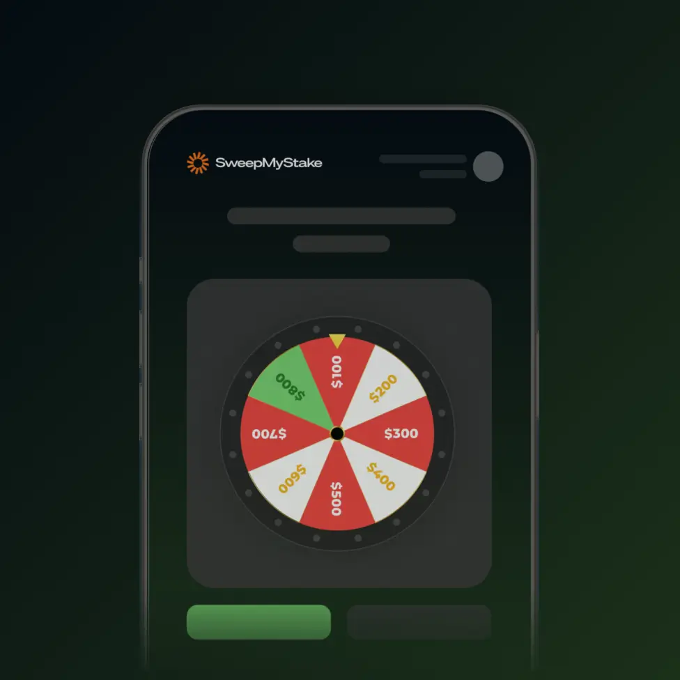 Mobile screen showing SweepMyStake app with a colorful prize wheel displaying cash amounts ranging from $100 to $800.