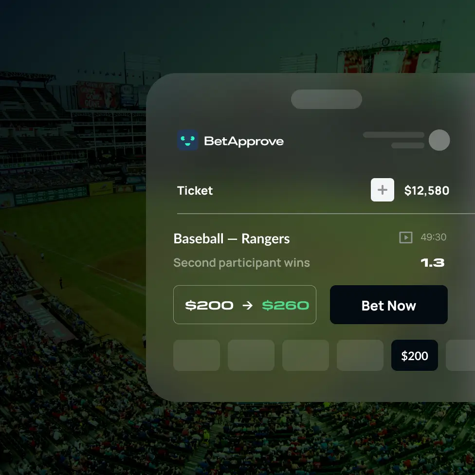 BetApprove betting interface showing a $200 ticket on Baseball Rangers with odds 1.3, potential win $260, and a Bet Now button.