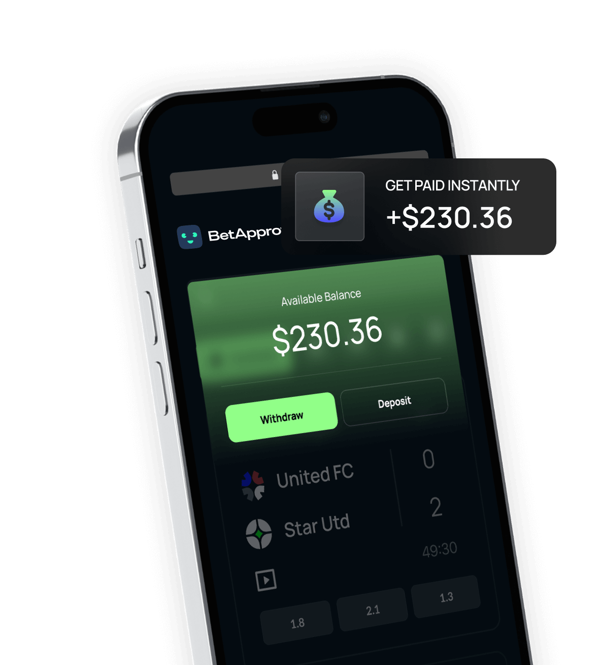 Smartphone screen showing BetApprove app with available balance of $230.36, options to withdraw or deposit, and notification stating 'Get Paid Instantly +$230.36'.