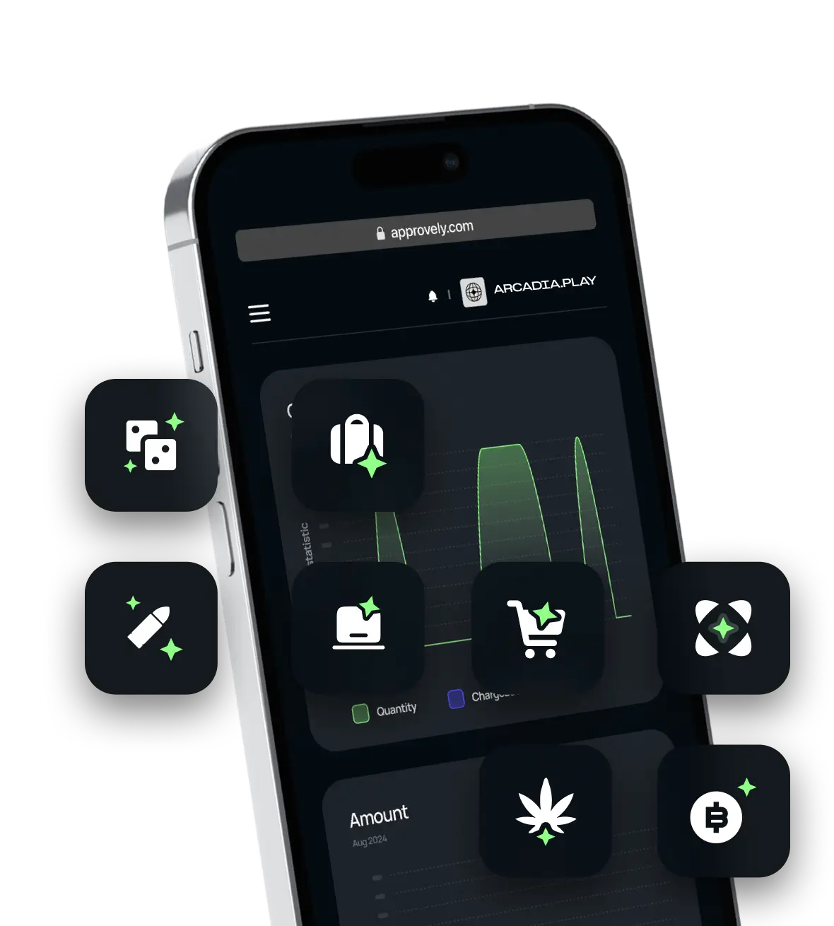 Smartphone screen displaying approvely.com with ARCADIA.PLAY, showing a green line graph and floating icons representing dice, a bullet, a suitcase, a laptop, a shopping cart, a cannabis leaf, and a bitcoin symbol.
