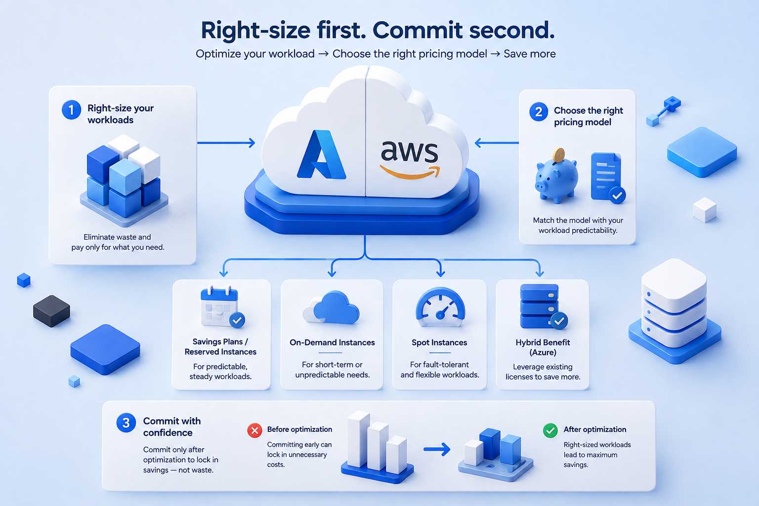 AWS and Azure cloud cost optimization strategies for rightsizing workloads and choosing pricing models
