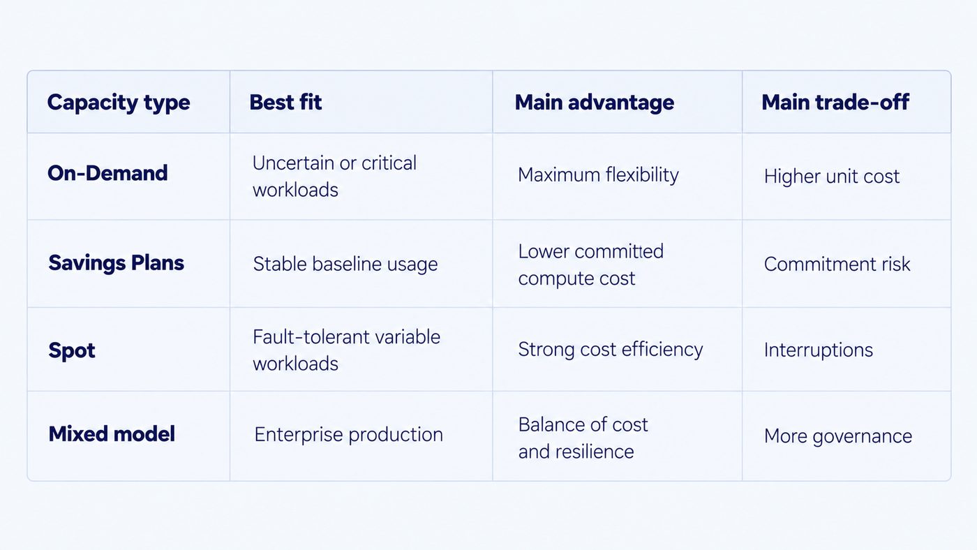 AWS EKS capacity options comparing On-Demand, Savings Plans, Spot, and mixed models by best fit, advantages, and trade-offs.