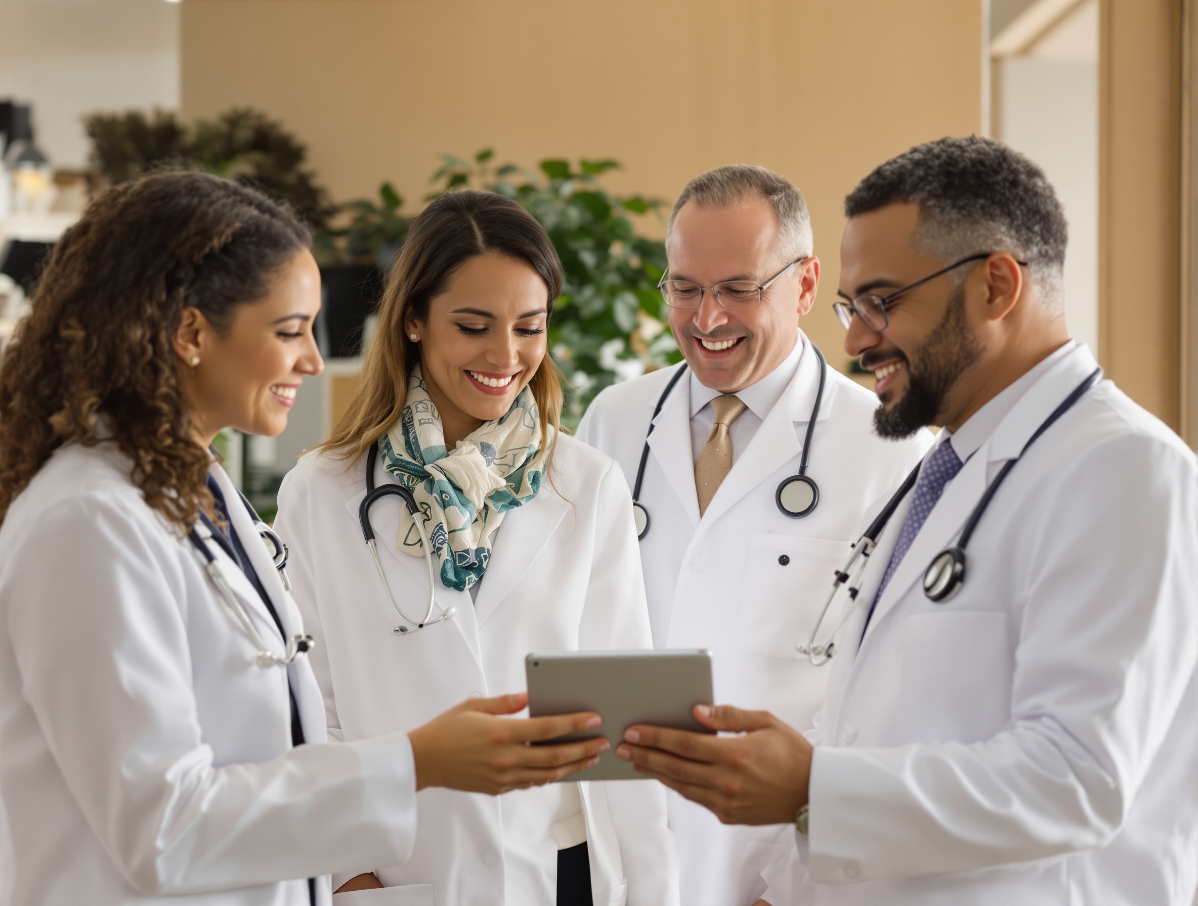 Des médecins Tessan échangent entre pairs autour d'une tablette dans un cabinet lumineux