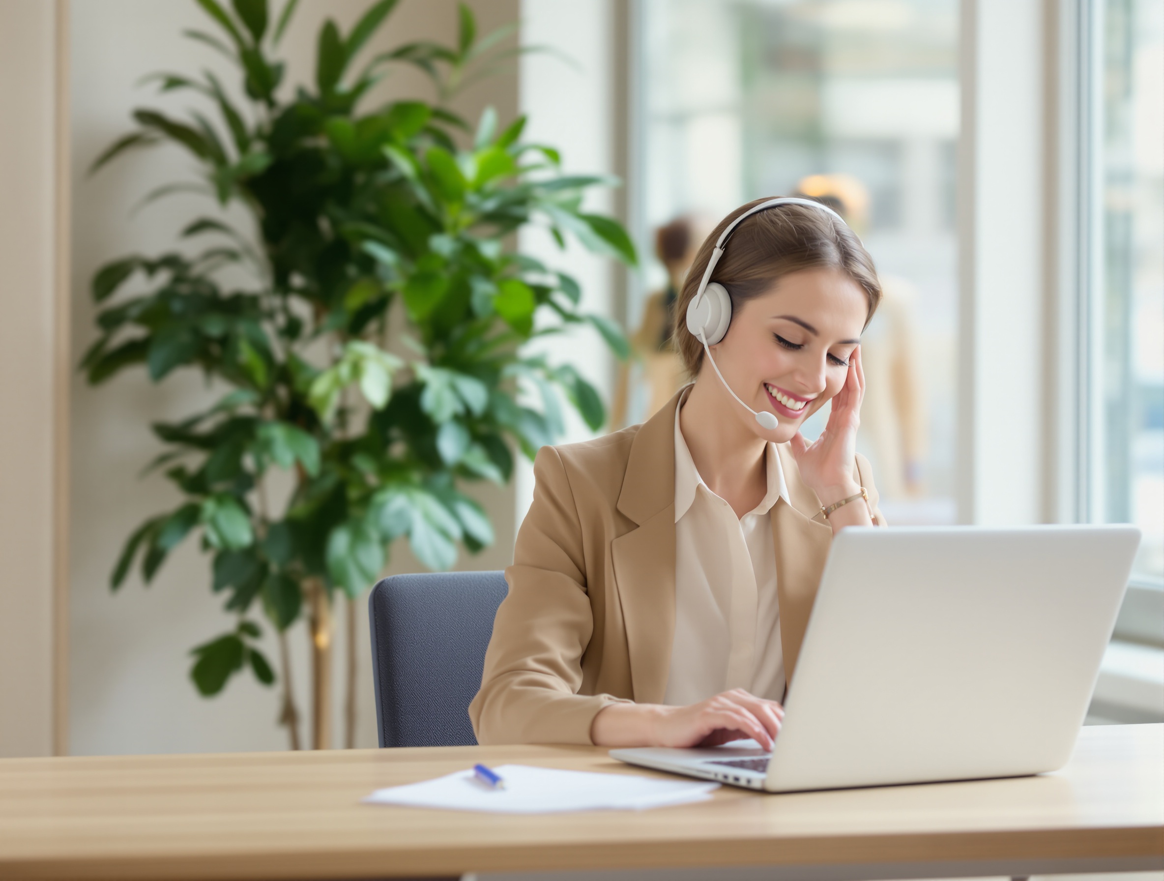 Une conseillère Tessan accompagne un médecin par téléphone depuis un bureau lumineux