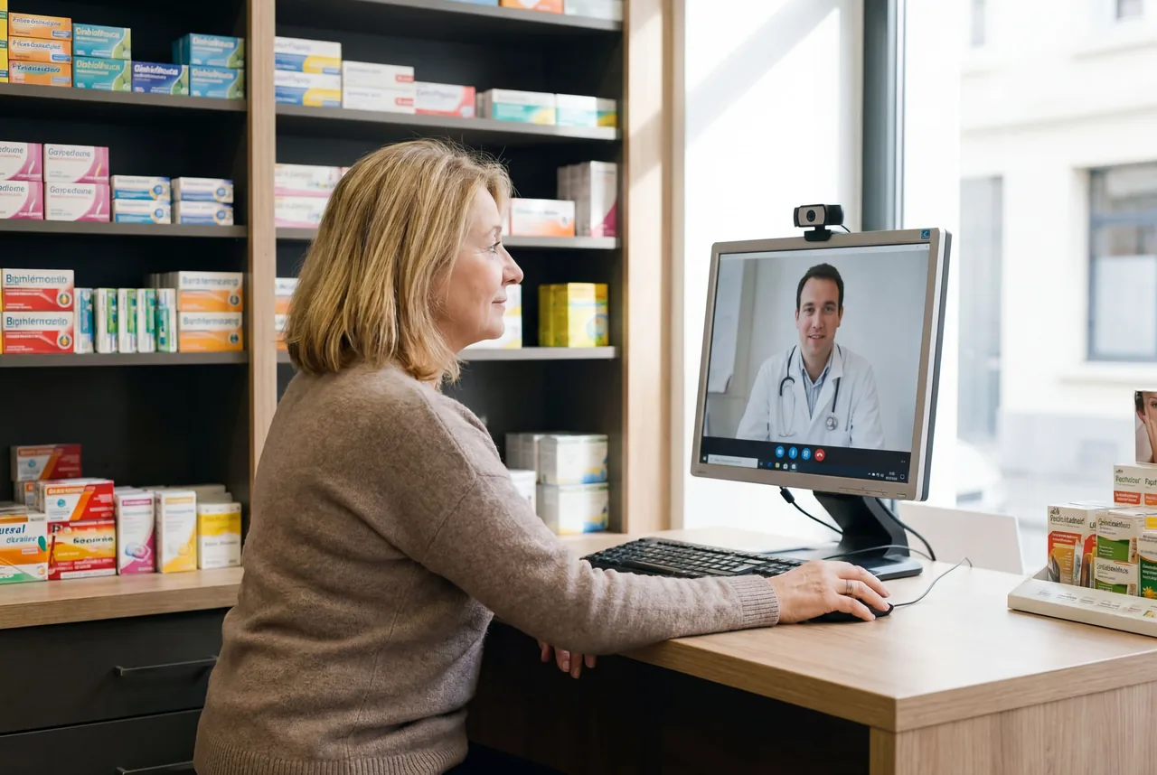 Patient installé à l'ordinateur, en téléconsultation avec un médecin