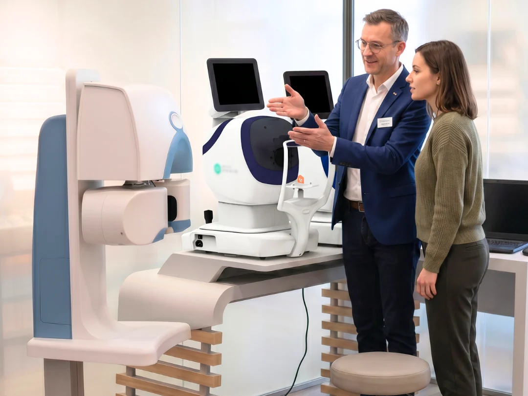 Opticien présentant la solution de téléophtalmologie Tessan à une cliente en magasin