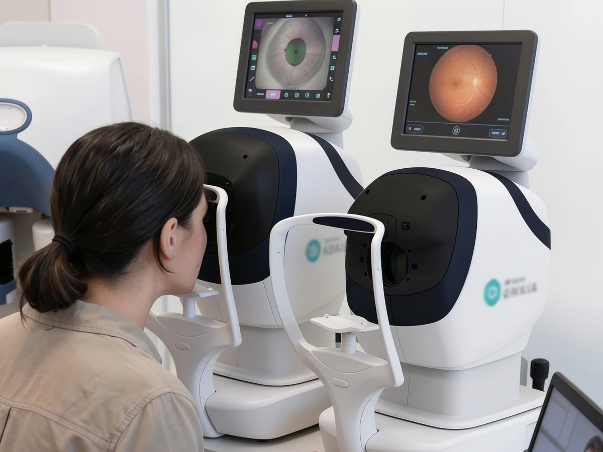 Patiente passant un examen de la vue sur un appareil de téléophtalmologie, avec un médecin en visio