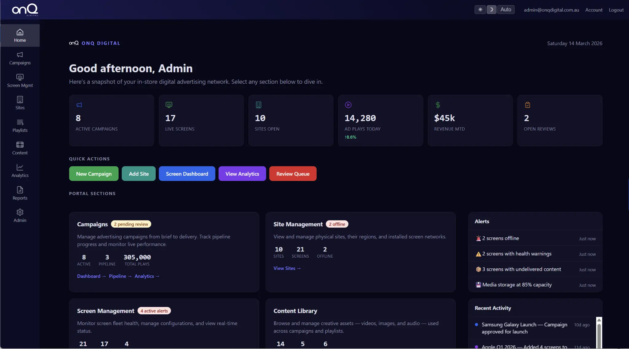 onQ CMS dashboard showing retail media screen network status campaigns and proof of play reporting