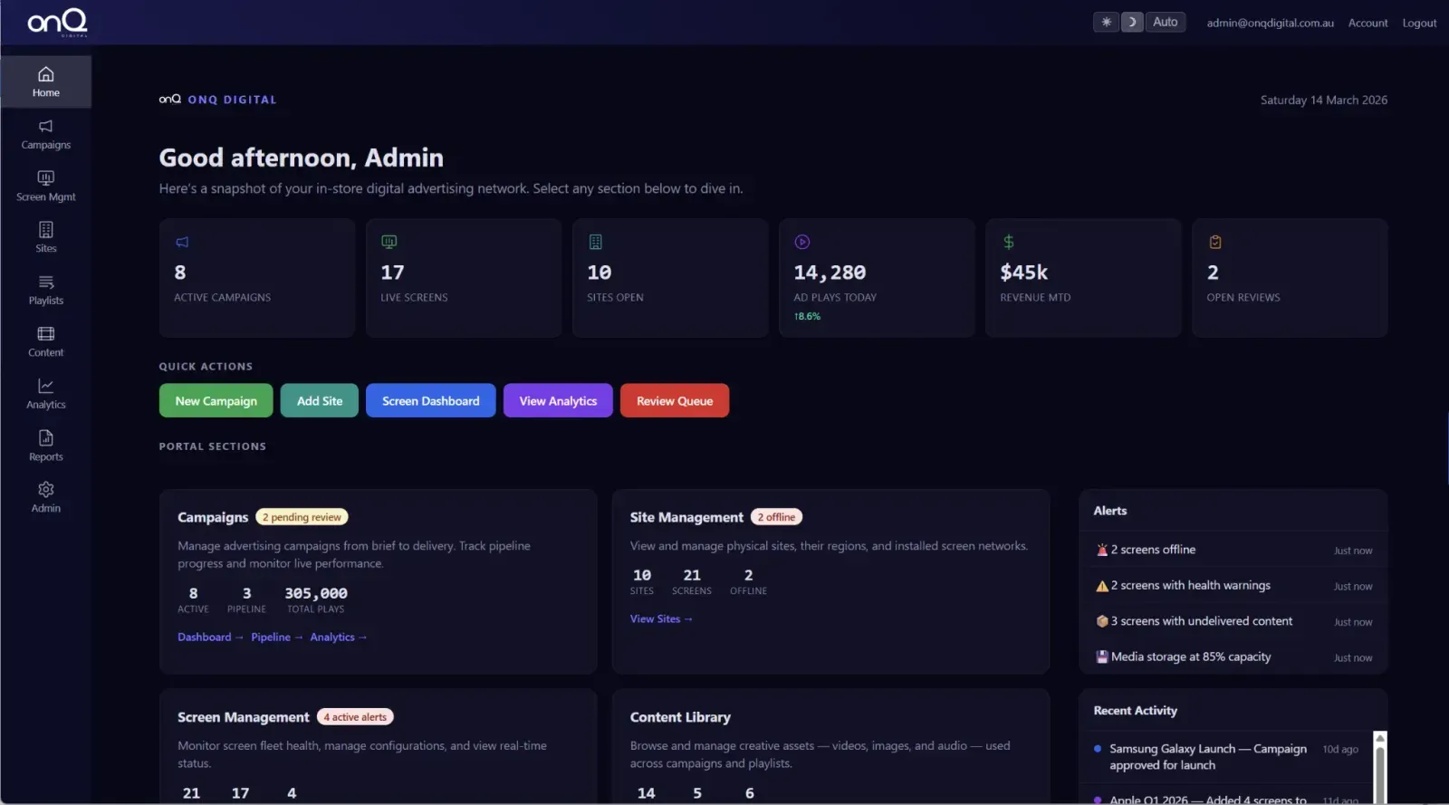 Digital signage CMS dashboard for network content management
