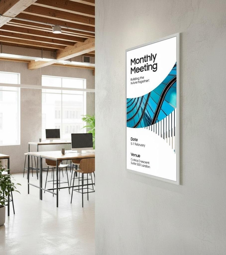 Wall-mounted onQ ePoster in a modern workplace environment