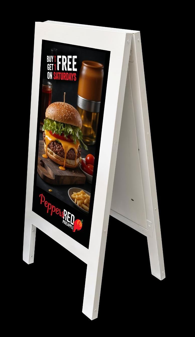 Double-sided A-frame onQ ePoster e-paper display by onQ Digital