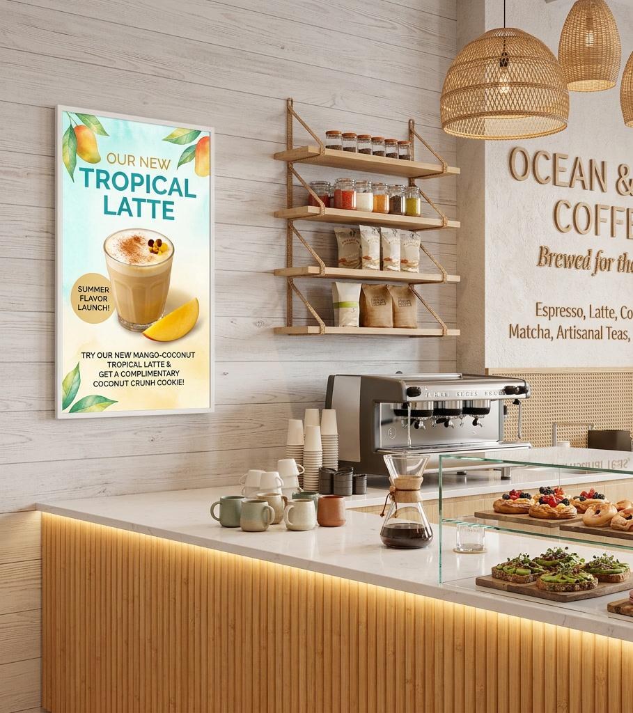 onQ ePoster e-paper display in a cafe hospitality setting by onQ Digital