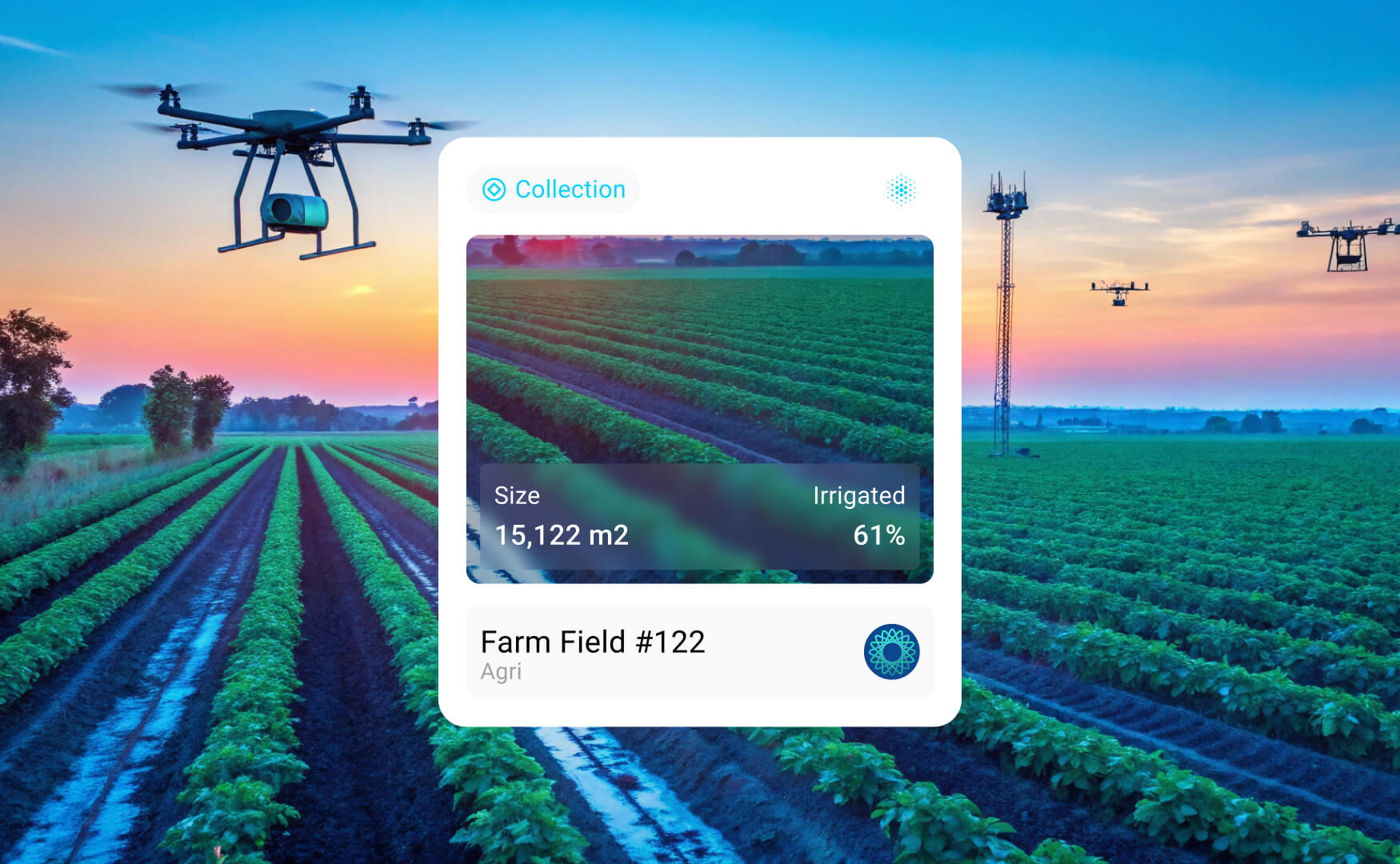 A digital twin of a drone above a farm field