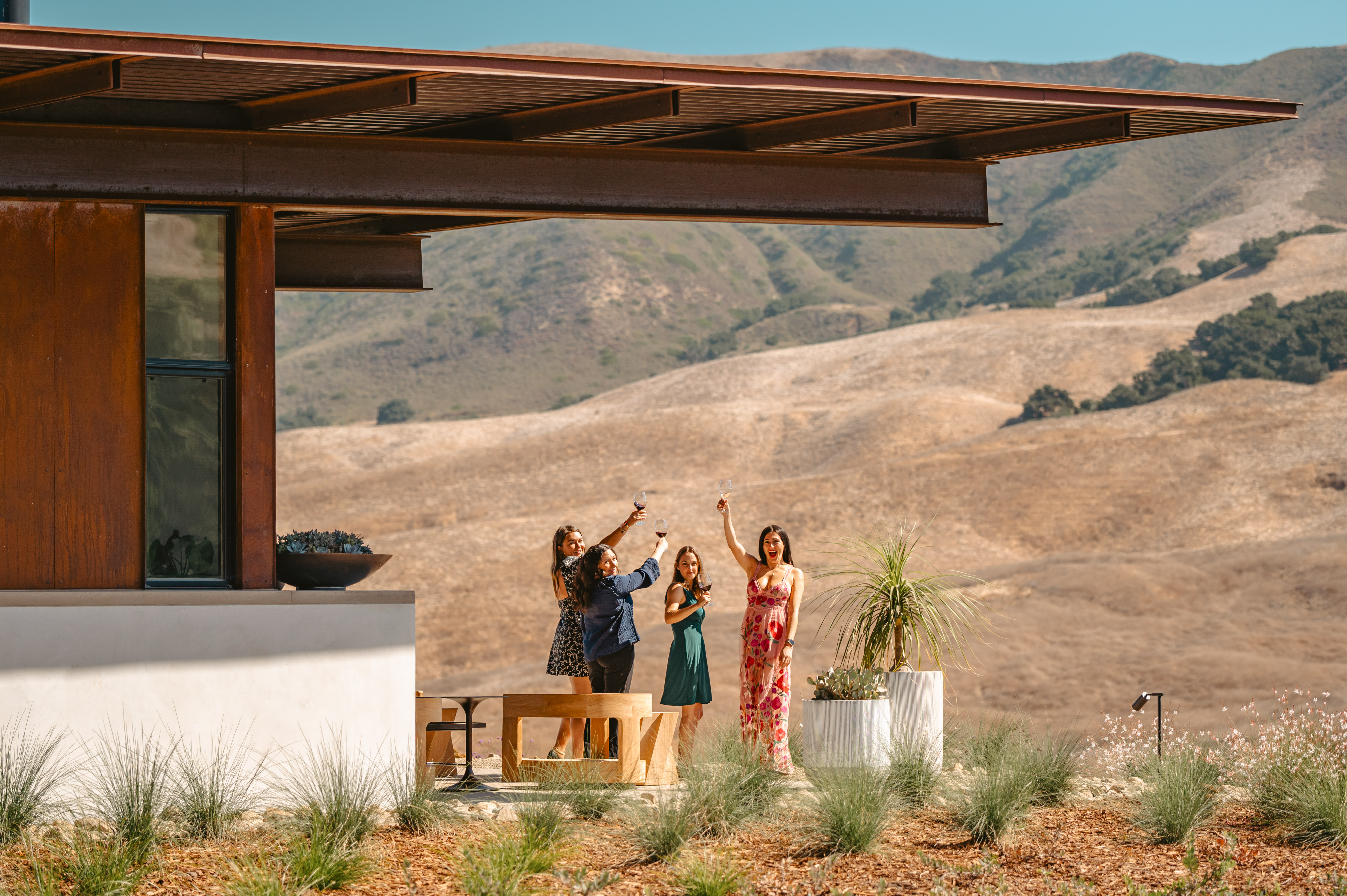 3 ladies toasting their wine glasses at a vacation home in Santa Barbara, CA 