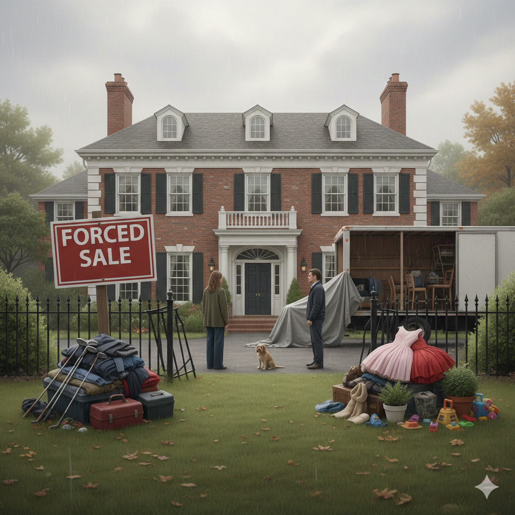 A large brick house with a 'Forced Sale' sign on the lawn, two people standing by the entrance with a dog, surrounded by piles of personal belongings and furniture in front of a moving truck.