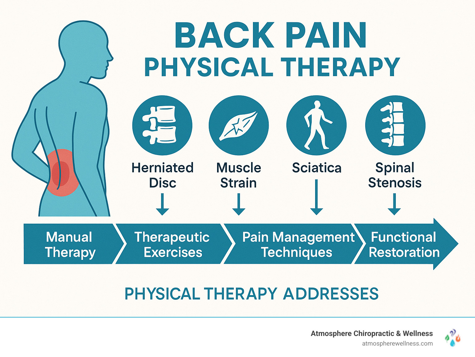 Infographic showing common causes of back pain including herniated discs, muscle strains, sciatica, and spinal stenosis, with arrows pointing to how physical therapy addresses each through manual therapy, therapeutic exercises, pain management techniques, and functional restoration - back pain physical therapy near me infographic 