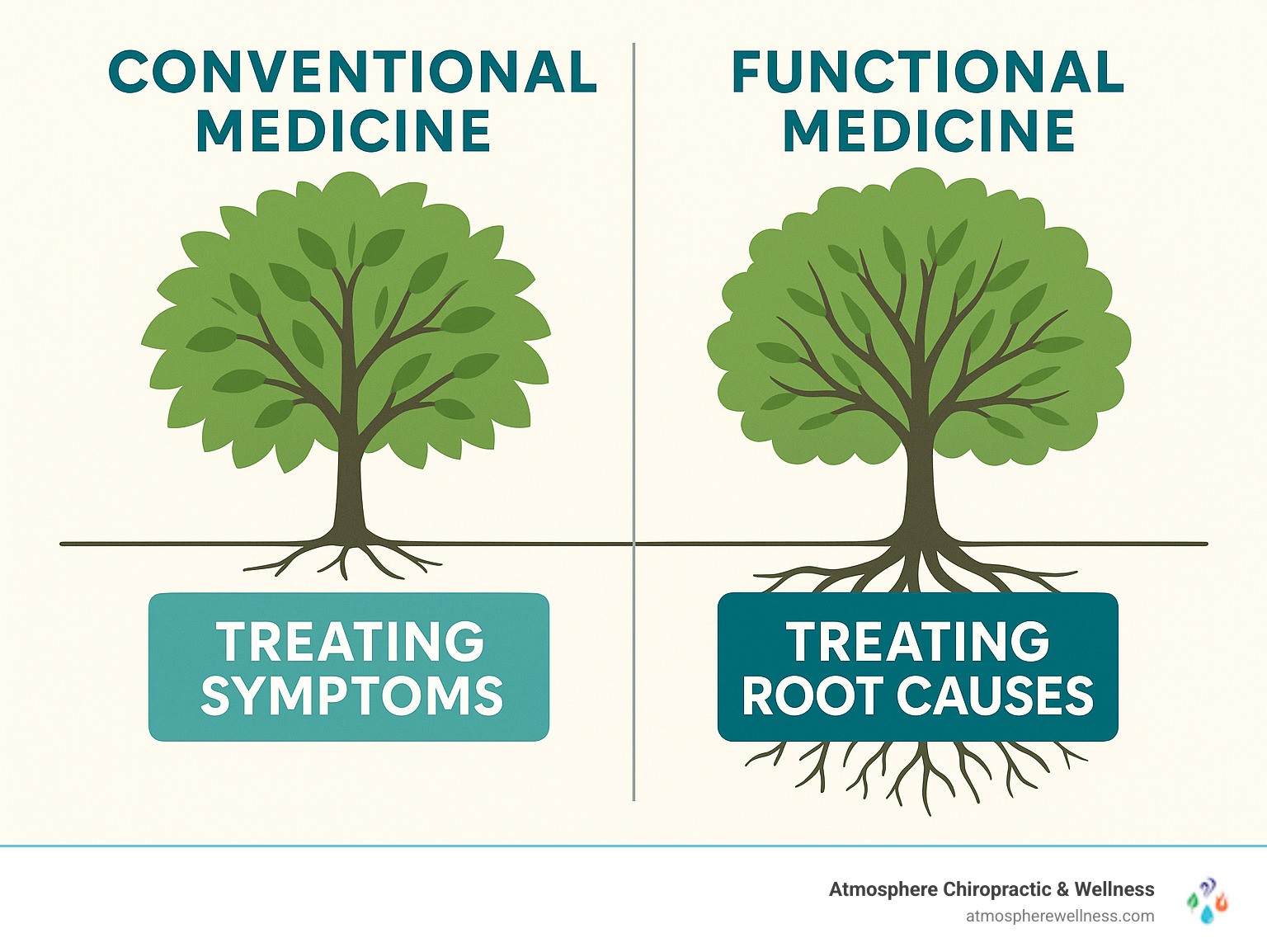 Infographic showing the difference between conventional medicine treating symptoms like leaves on a tree versus functional medicine treating root causes at the tree's foundation - functional medicine lehi infographic 