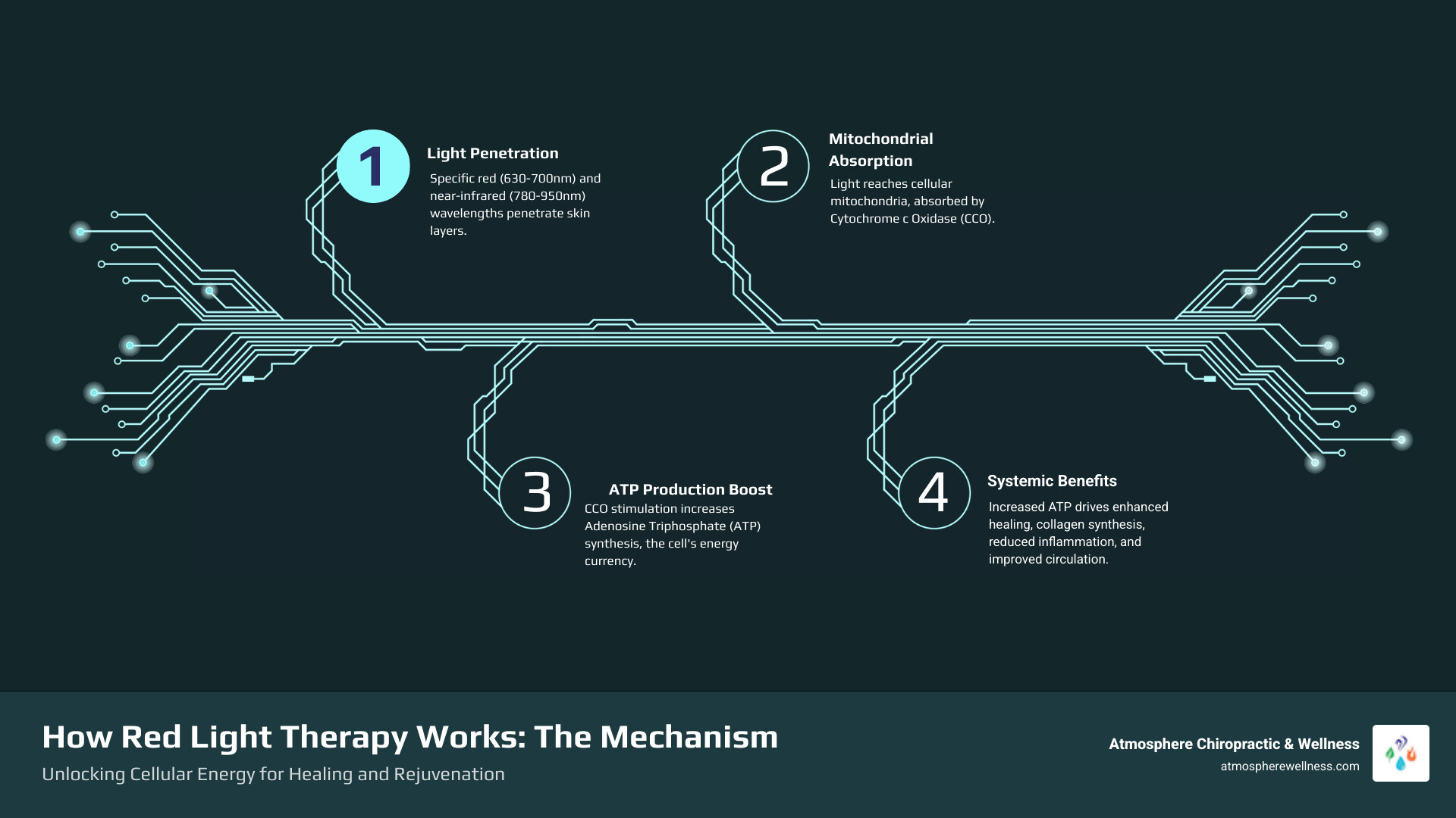Comprehensive infographic showing red light therapy mechanism: wavelengths 630-850nm penetrating skin layers, reaching mitochondria in cells, increasing ATP production, leading to improved healing, collagen synthesis, reduced inflammation, and improved circulation throughout the body - Red light therapy benefits infographic infographic-4-steps-tech